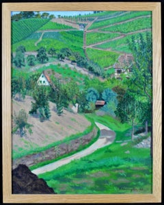 Paysage continental - Peinture à l'huile de ferme européenne du 20e siècle représentant des champs boisés