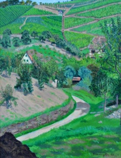 Paysage continental - Peinture à l'huile de ferme européenne du 20e siècle représentant des champs boisés