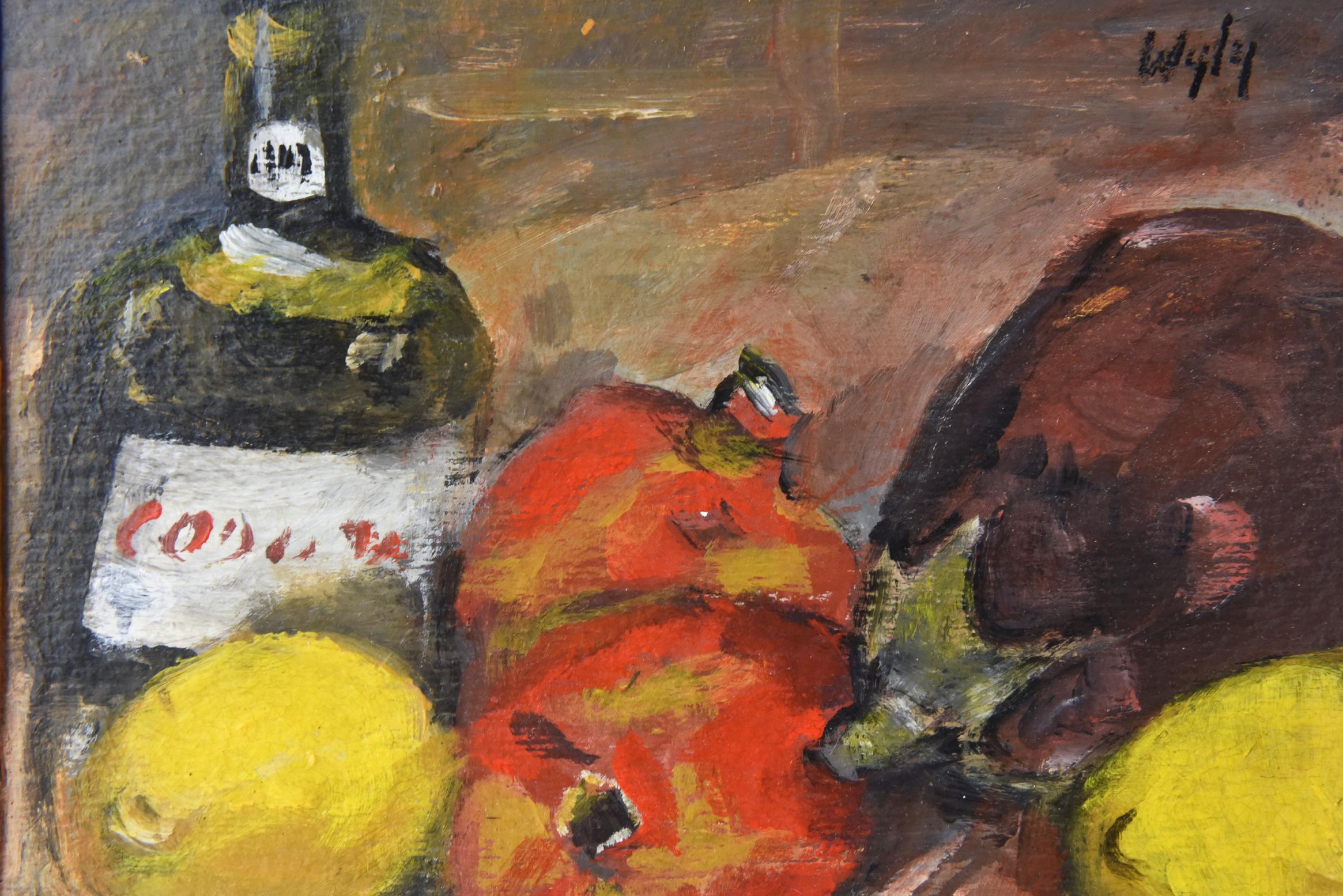 Still life acrylic on board painting of a bottle and fruit. Signed 