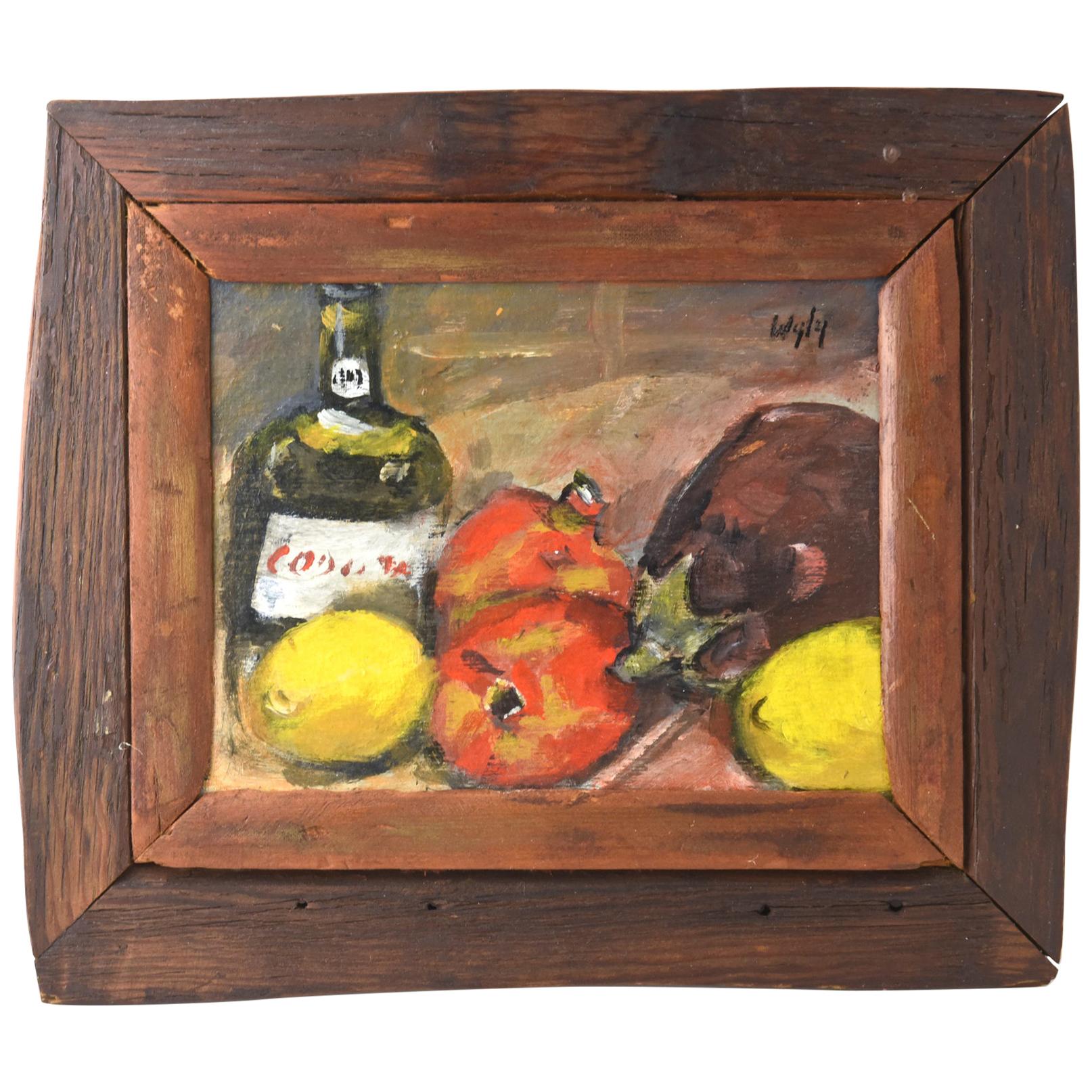 Fruit and Bottle Still Life by Wyly For Sale