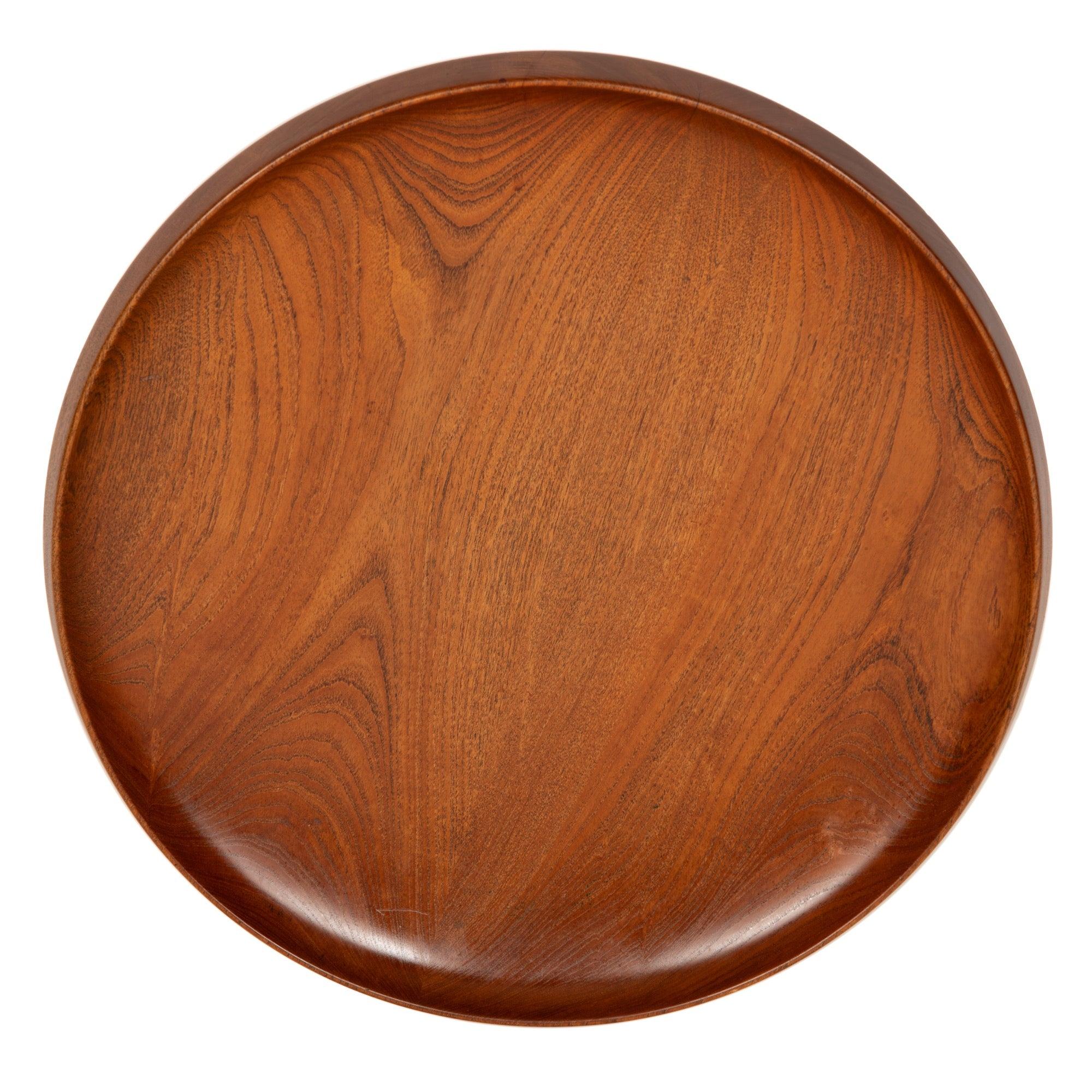 A very rare lathe turned teak fruit bowl on a satin chromed steel three leg stand.