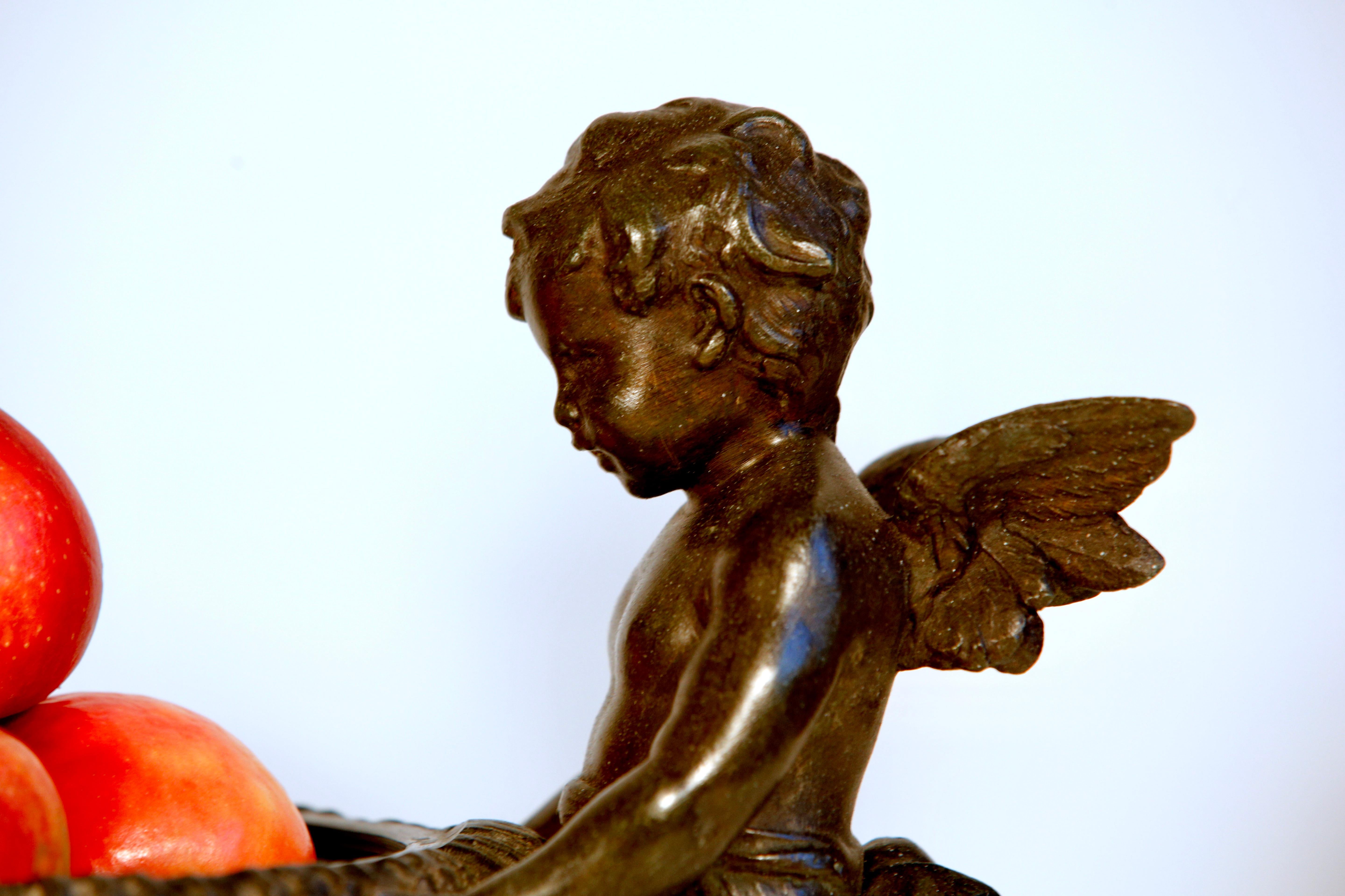 Victorian Fruit Bowl French Patinated Bronze Winged Cherub Centerpiece Circular  For Sale
