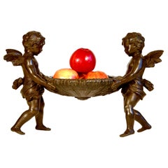 Fruit Bowl French Patinated Bronze Winged Cherub Centerpiece Circular