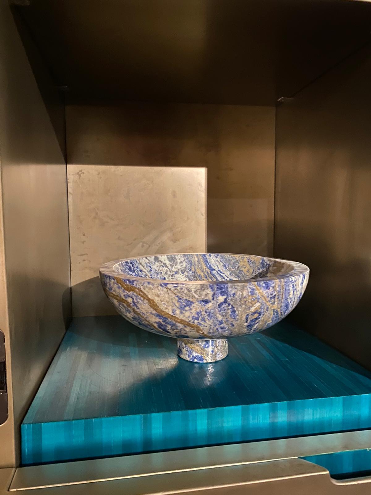 New modern Fruit Bowl in Blue Marble, creator Karen Chekerdjian Stock For Sale 1