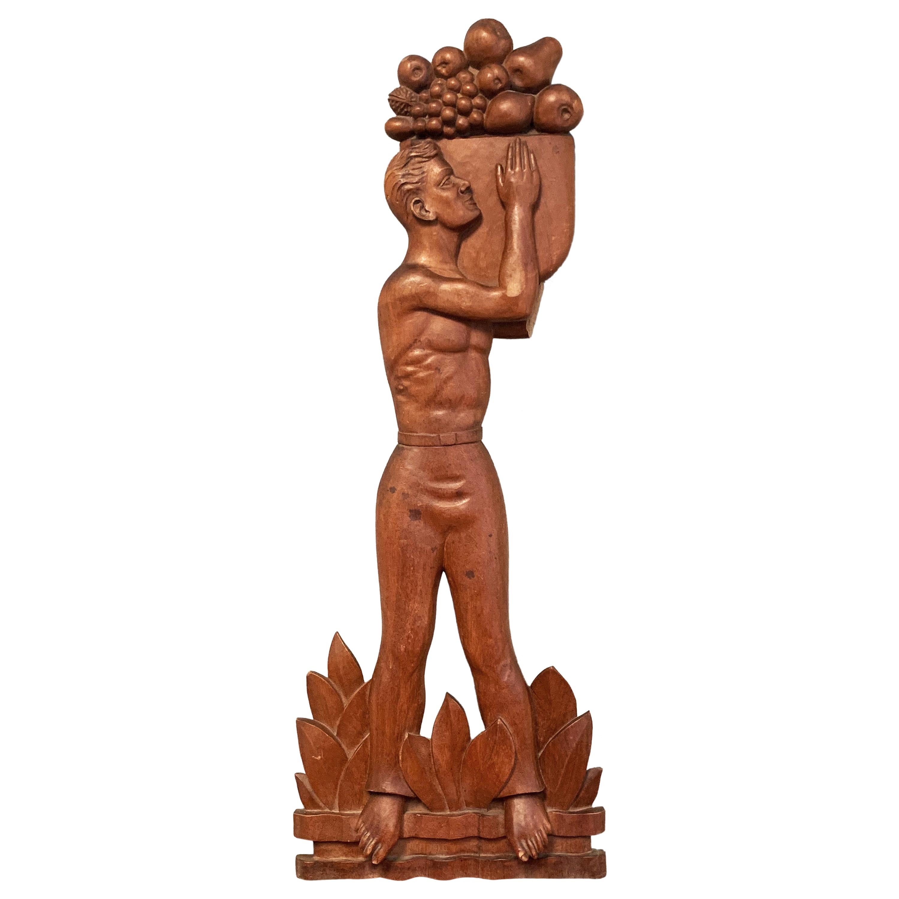 "Fruit Carrier, " Large Sculptural Relief in Mahogany with Male Figure, Art Deco For Sale