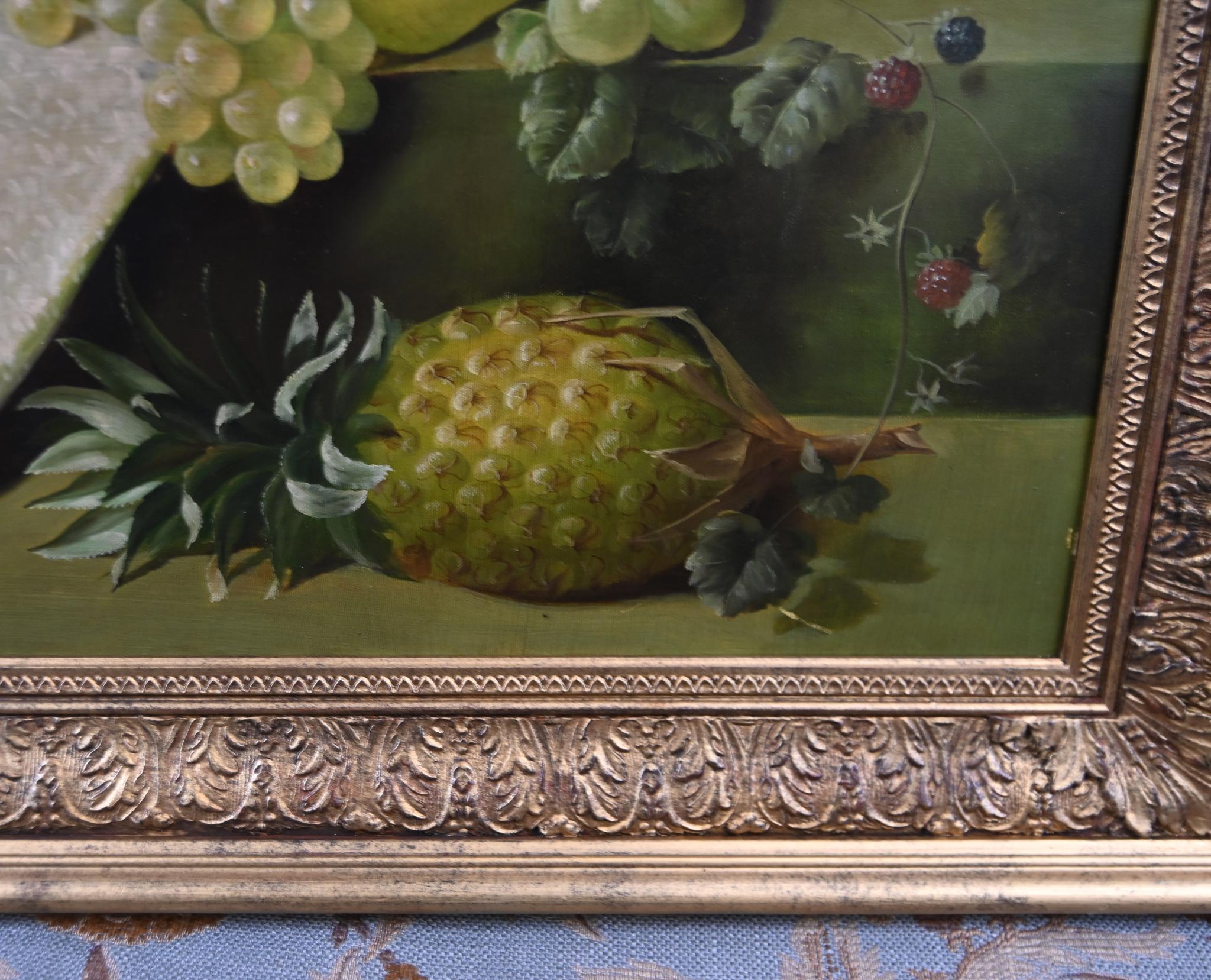 Fruit Floral Still Life Ölgemälde Französisch Kunst 4ft breit signiert (Vergoldetes Holz) im Angebot