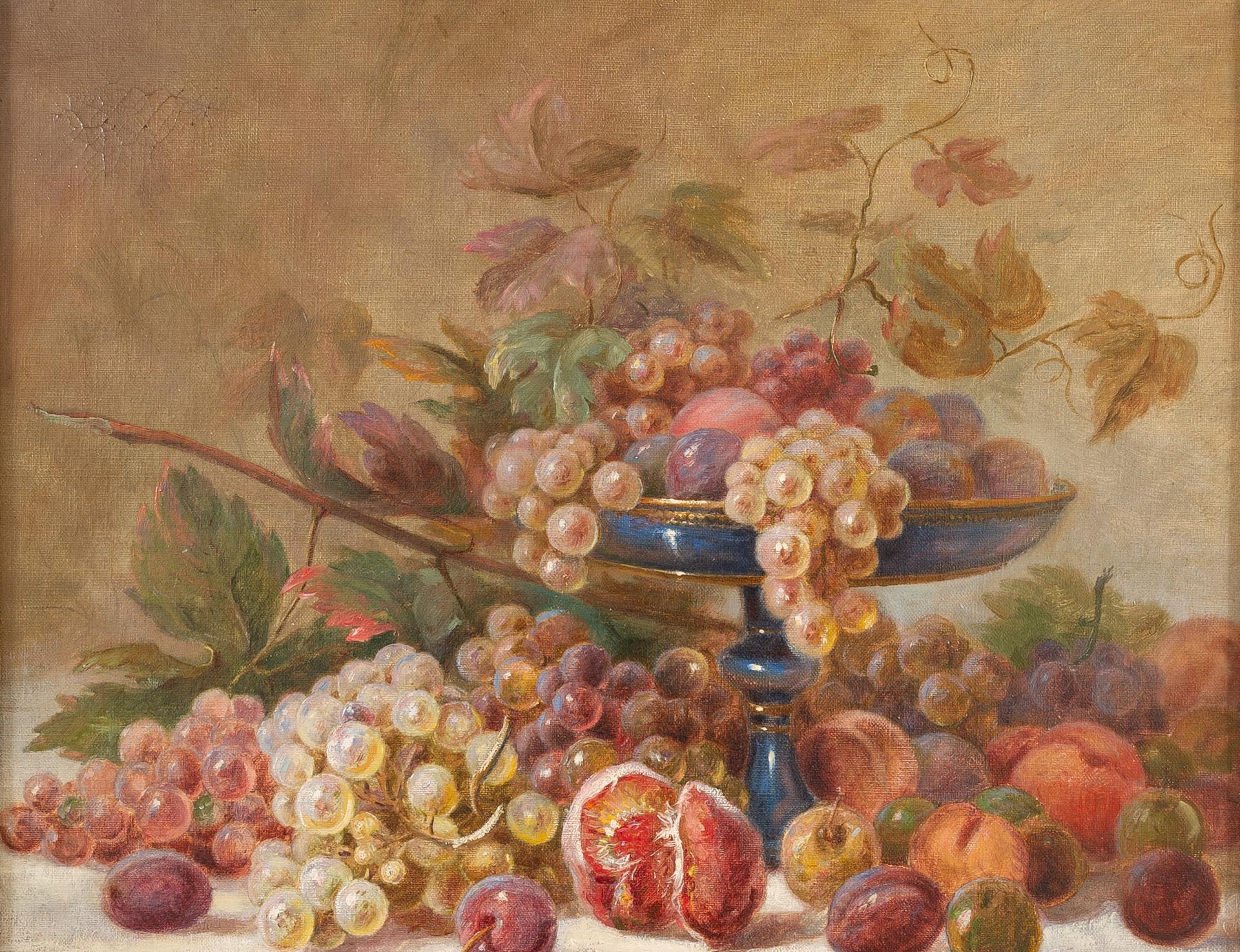 A delighful picture, with pastel colors and the fruit presented on an elegant blue glass stand. Even the frame is rigorously antique. 
Two small restorations on the canvas: let's not forget that there were two world wars in Europe.
