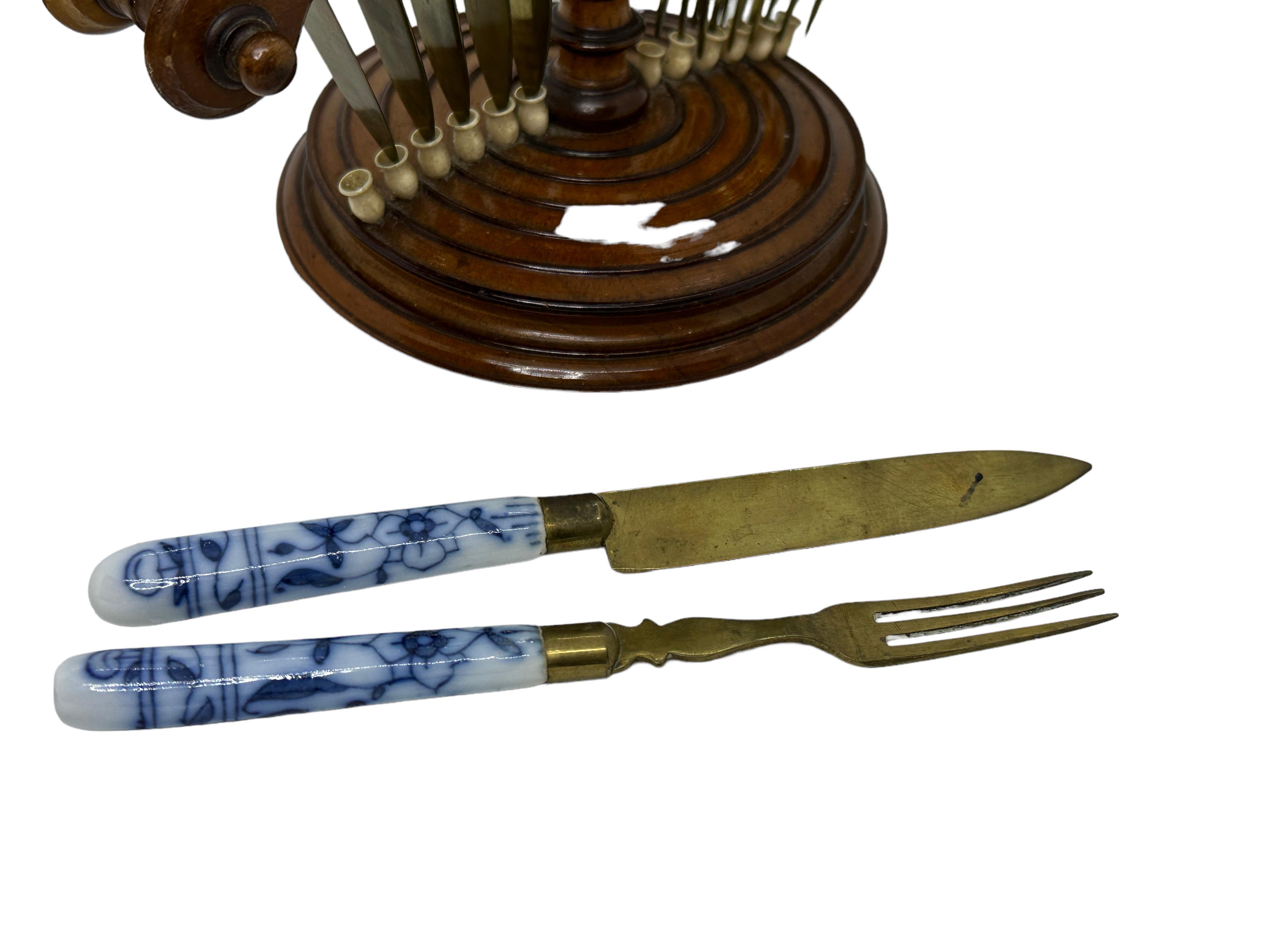 Late 19th Century Fruit Knifes and Forks Flatware Set in Wooden Stand, ca. 1890s Austria For Sale