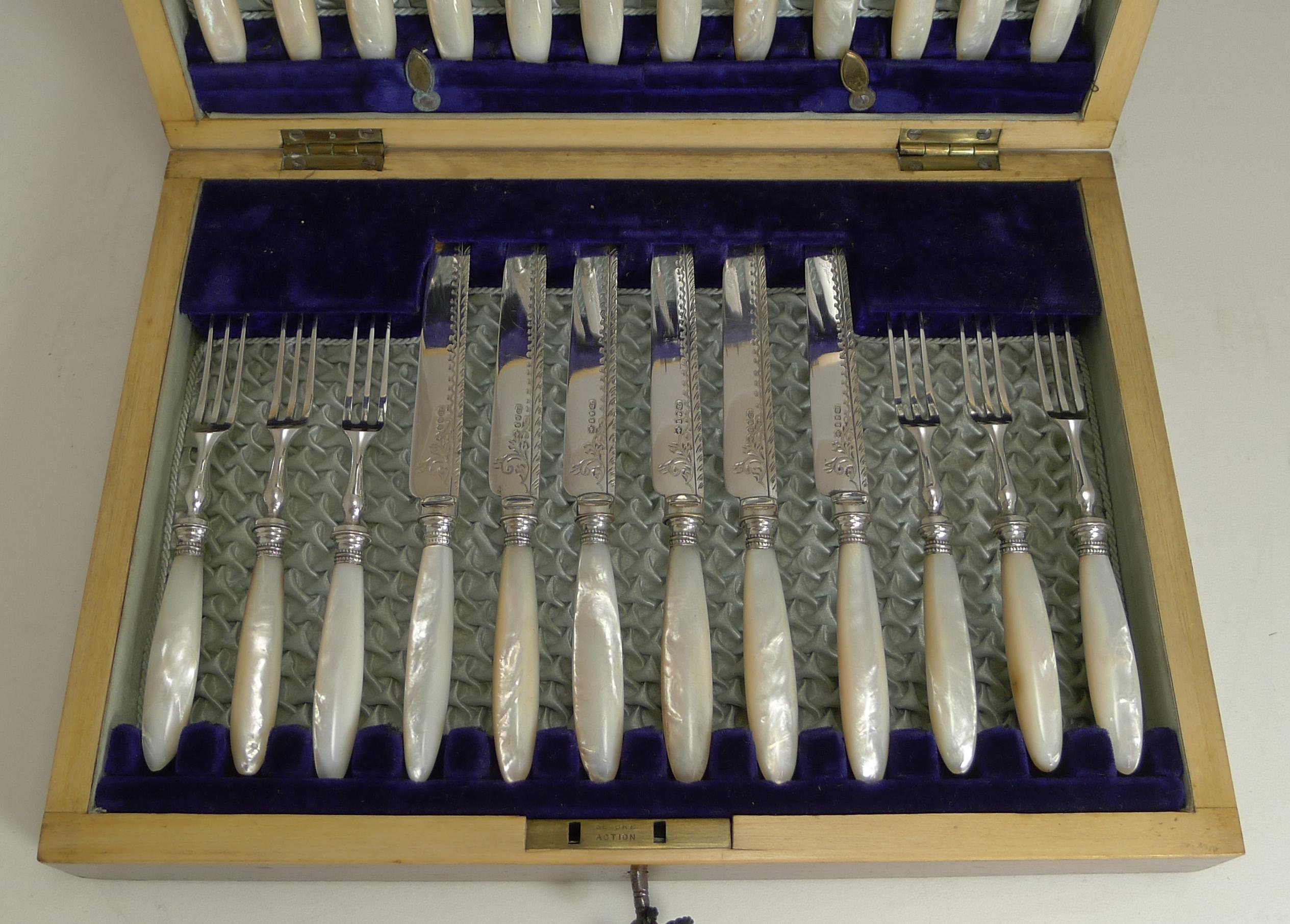 Edwardian Fruit Knives & Forks/ Mother of Pearl & Silver Plate circa 1900 by James Deakin