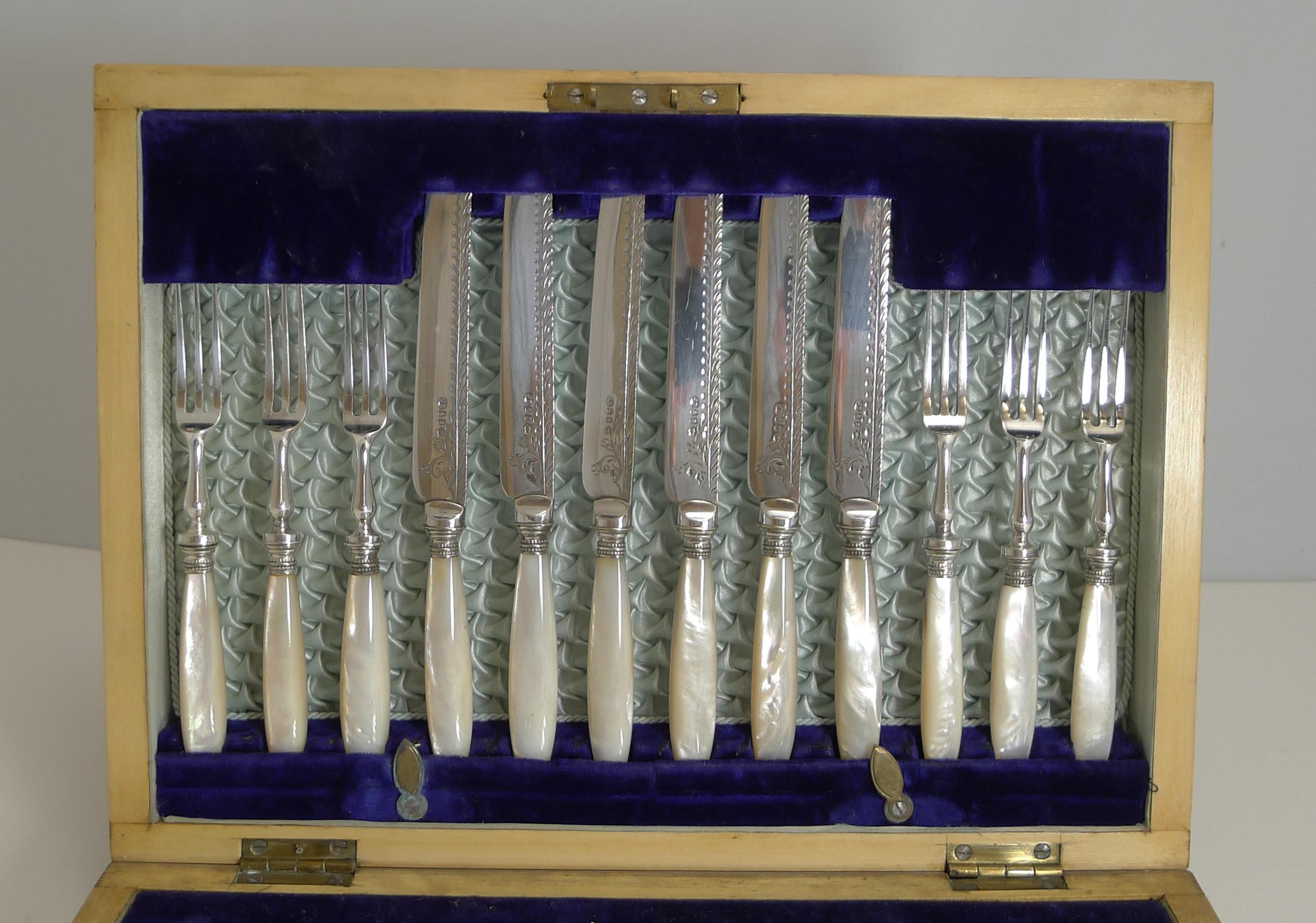Fruit Knives & Forks/ Mother of Pearl & Silver Plate circa 1900 by James Deakin In Good Condition In Bath, GB