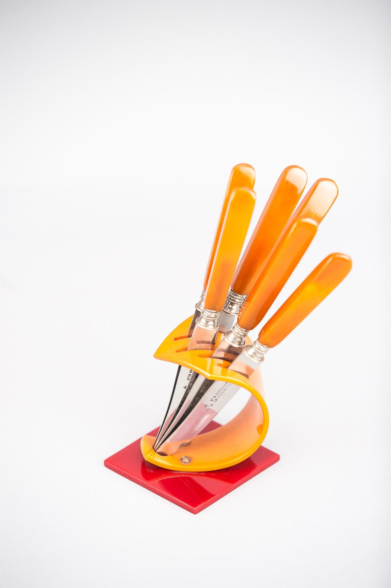 Mid-Century Modern Fruit Knives with Bakelite Stand by Otto Hammesfahr For Sale