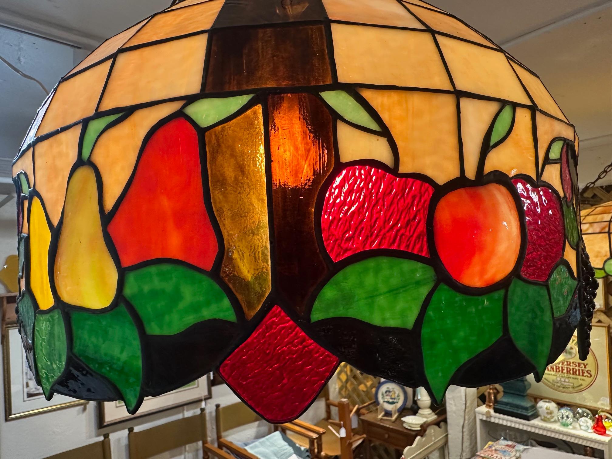 American Fruit Motif Tiffany Style Leaded Glass Chandelier For Sale