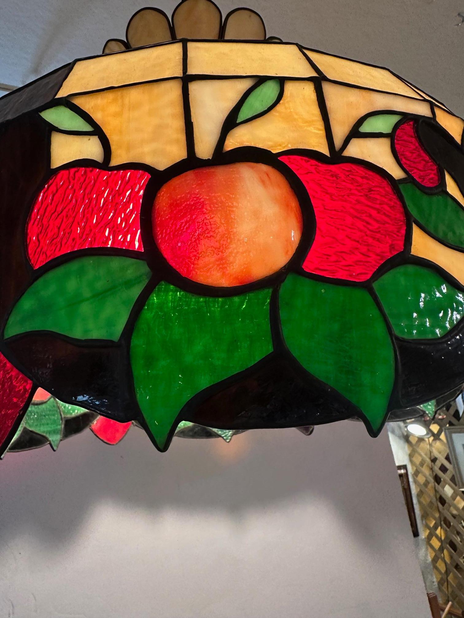 Fruit Motif Tiffany Style Leaded Glass Chandelier In Good Condition For Sale In Hopewell, NJ