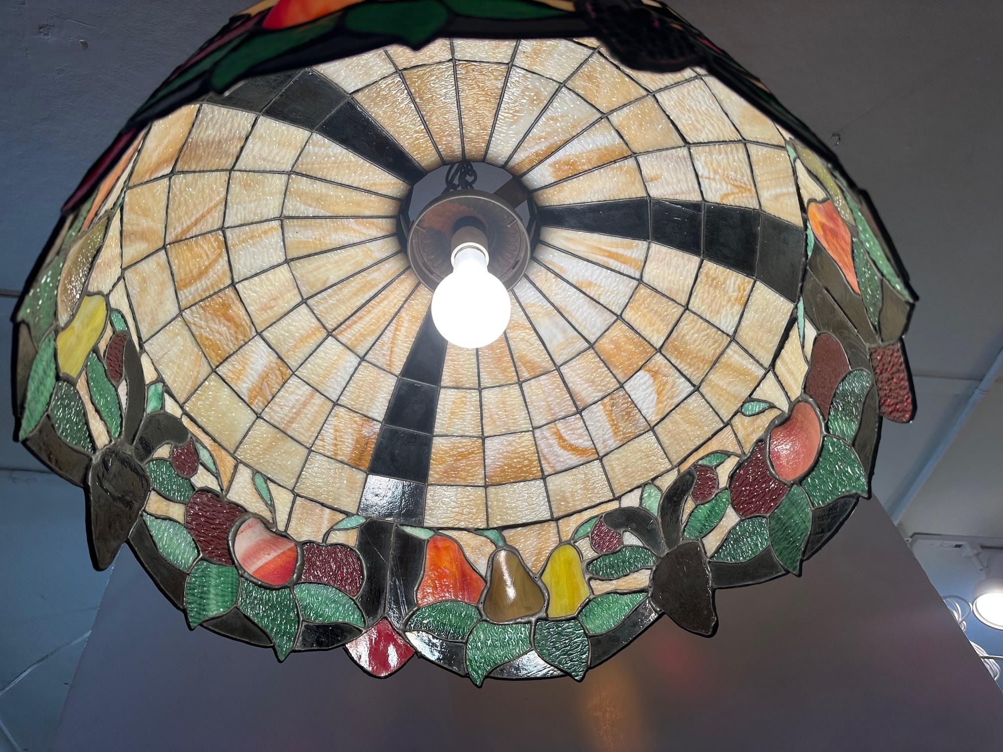 Mid-20th Century Fruit Motif Tiffany Style Leaded Glass Chandelier For Sale
