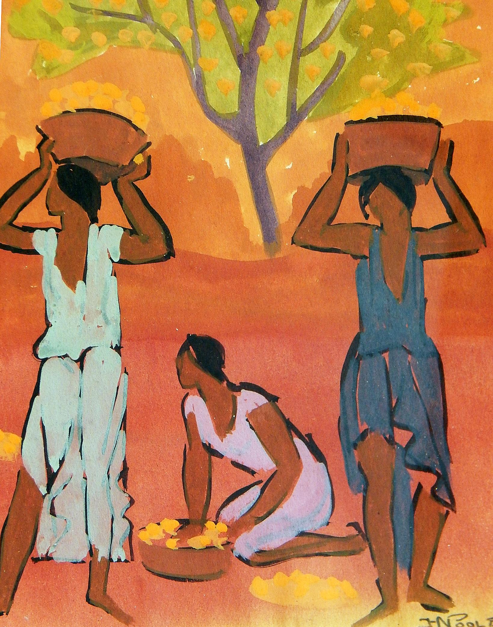 Diese in leuchtenden Farben gehaltene Gouache von Horatio Nelson Poole, der für seine Szenen aus Hawaii und Kalifornien berühmt ist, zeigt eine Gruppe von Frauen, die Obst pflücken, wahrscheinlich Orangen oder Zitronen, und deren Körbe von ihrer