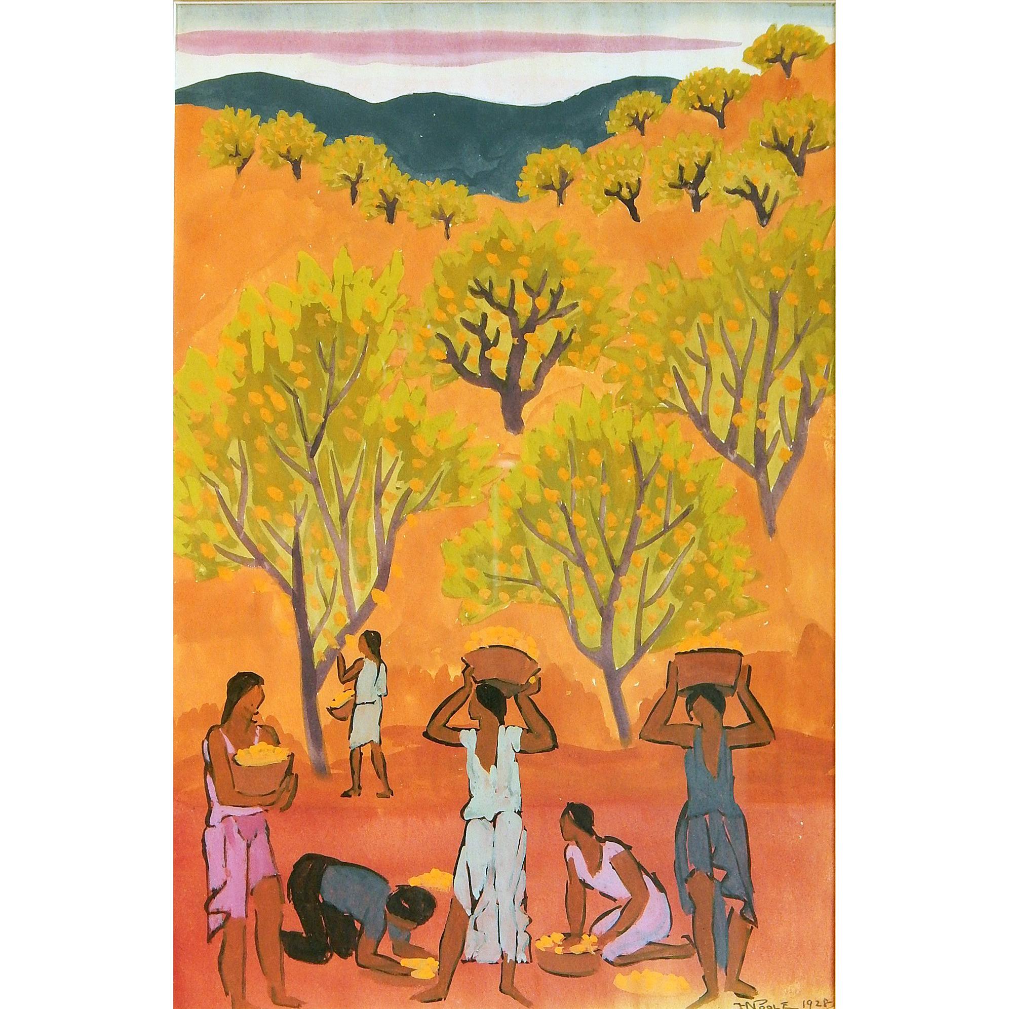 "Fruit Pickers", Hawaii or California Scene in Orange and Yellow by Poole, 1928 For Sale