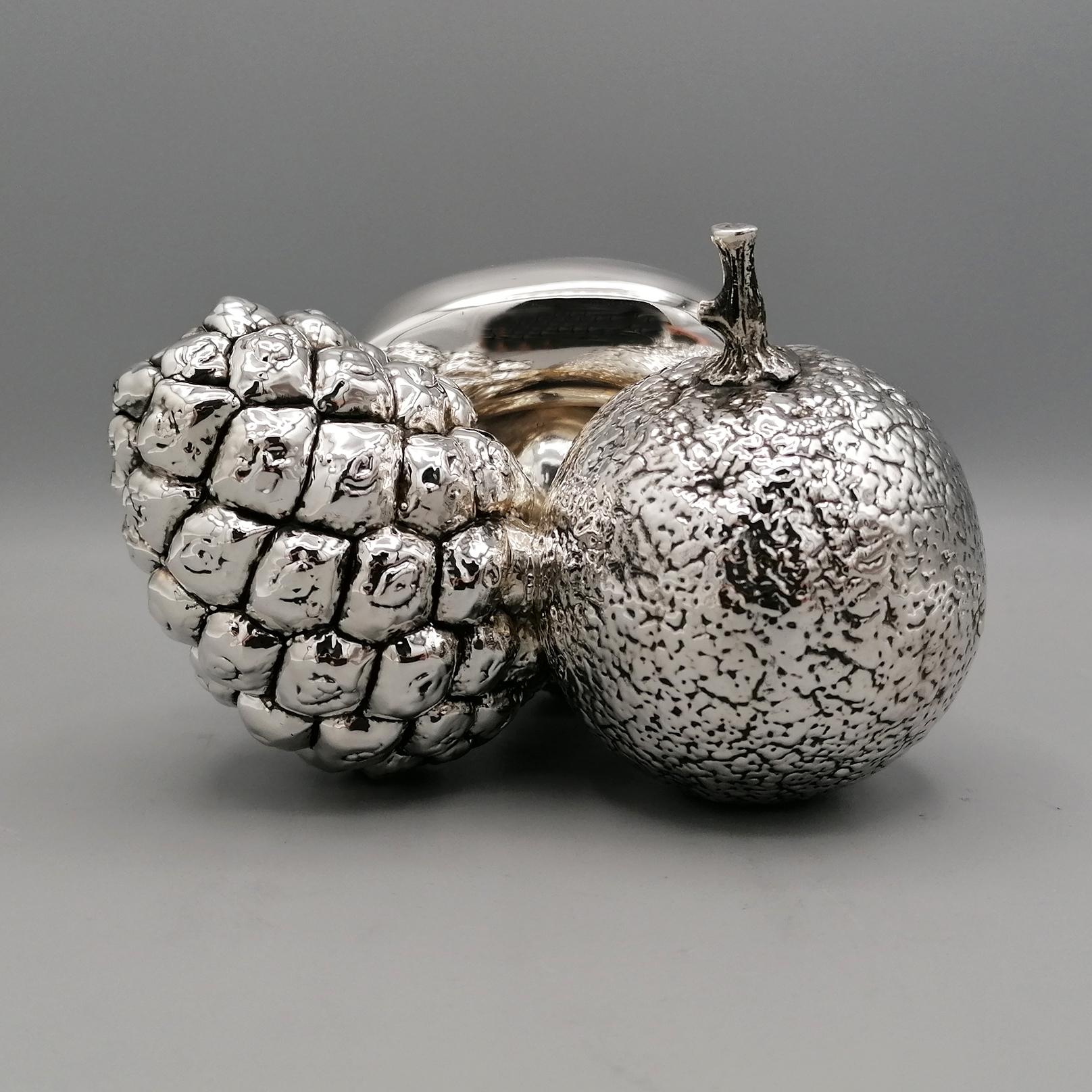 Hand-Crafted Fruit set - orange apple banana pine cone - in 999 silver For Sale