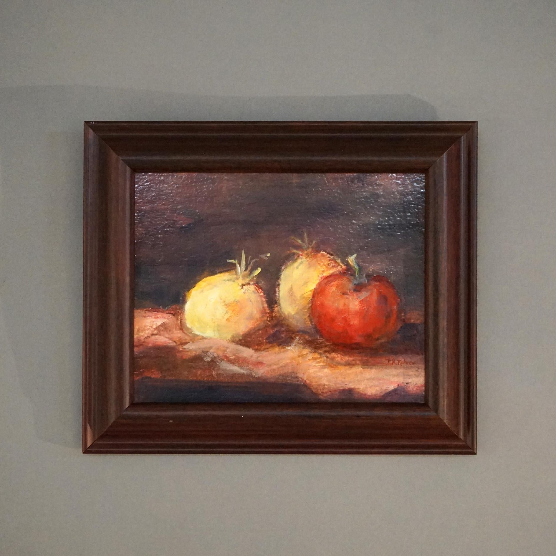 Fruit Still Life Oil on Panel Painting  “Tutti Frutti” Signed P R Rohrer (Pat Rini Rohrer), Framed,  20th C

Measures - 11