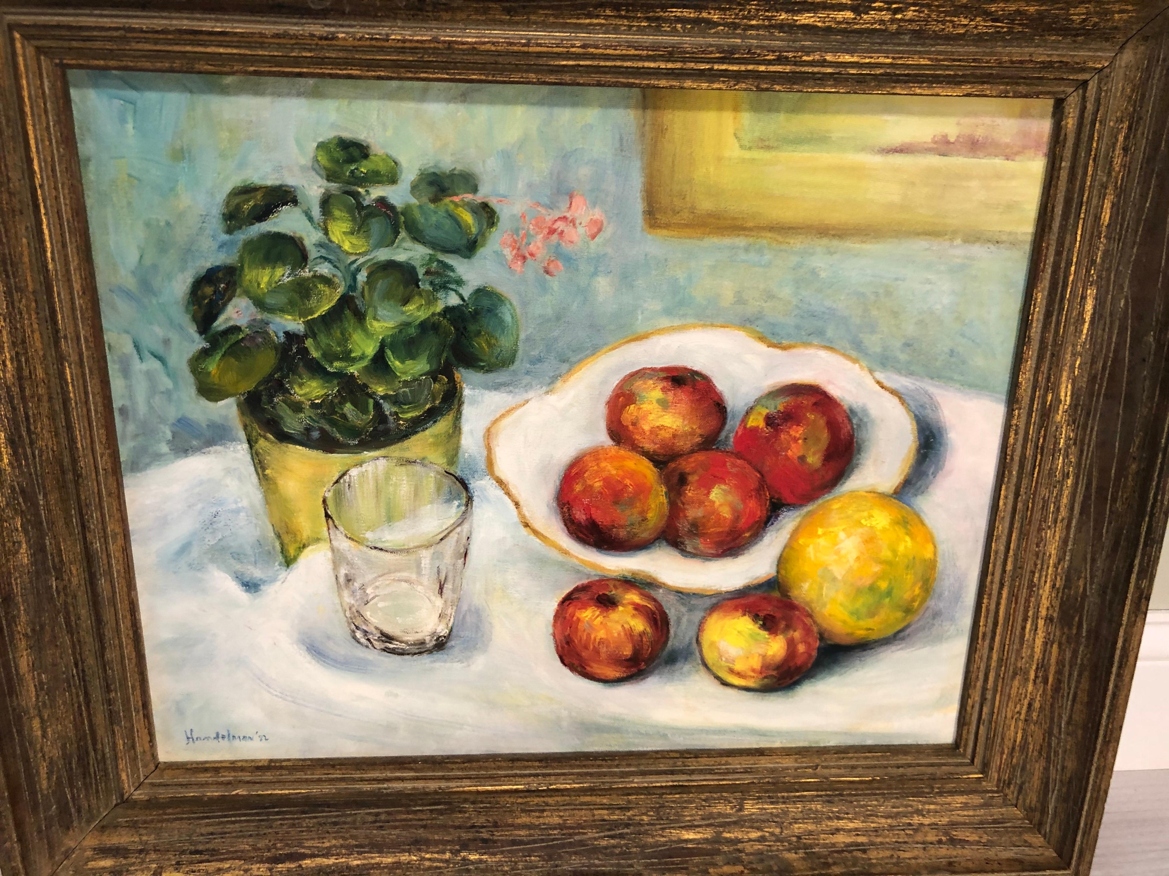 Fruit Still Life on Canvas Signed Handlemen In Good Condition For Sale In Redding, CT