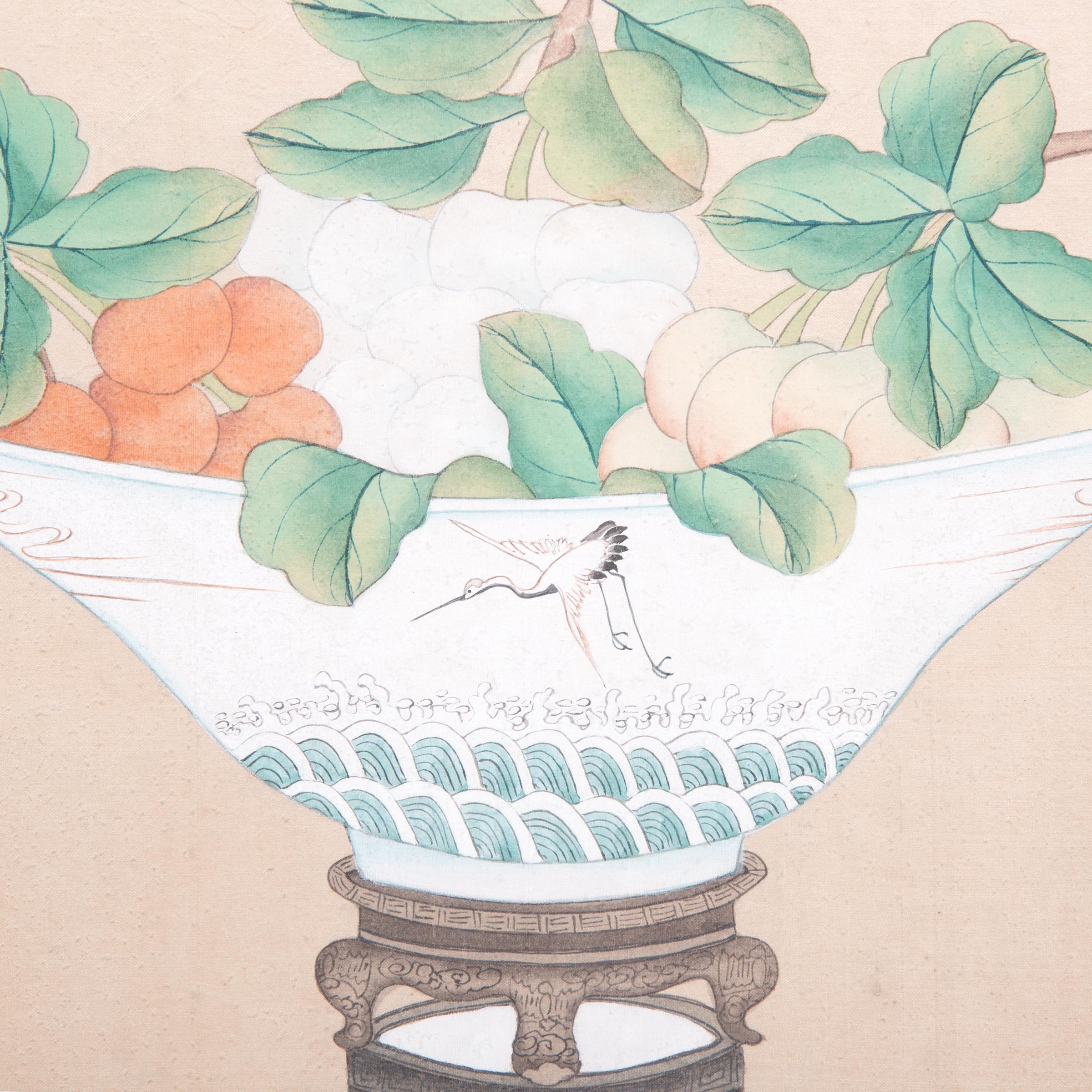 With soft yet clear color, this Qing-dynasty watercolor by artist Won Tai depicts freshly snipped, fruit-laden branches presented in a fine porcelain bowl. Exploiting the medium’s sheer color, the artist used a serene, pastel palette and a keen eye