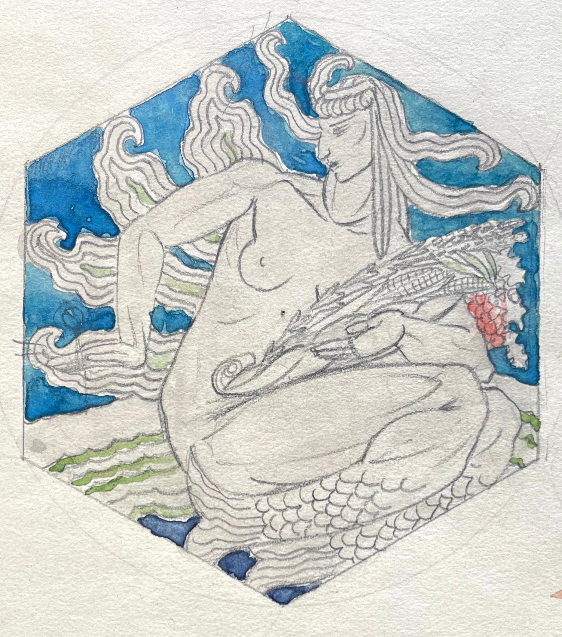 Dieses Paar von Wandstudien ist ein klassisches und schönes Beispiel für allegorische Malerei des Art déco. Es zeigt nackte Meerjungfrauen, die jeweils Symbole für die Früchte des Landes und des Meeres in der Hand halten. Die eine hält Ähren und
