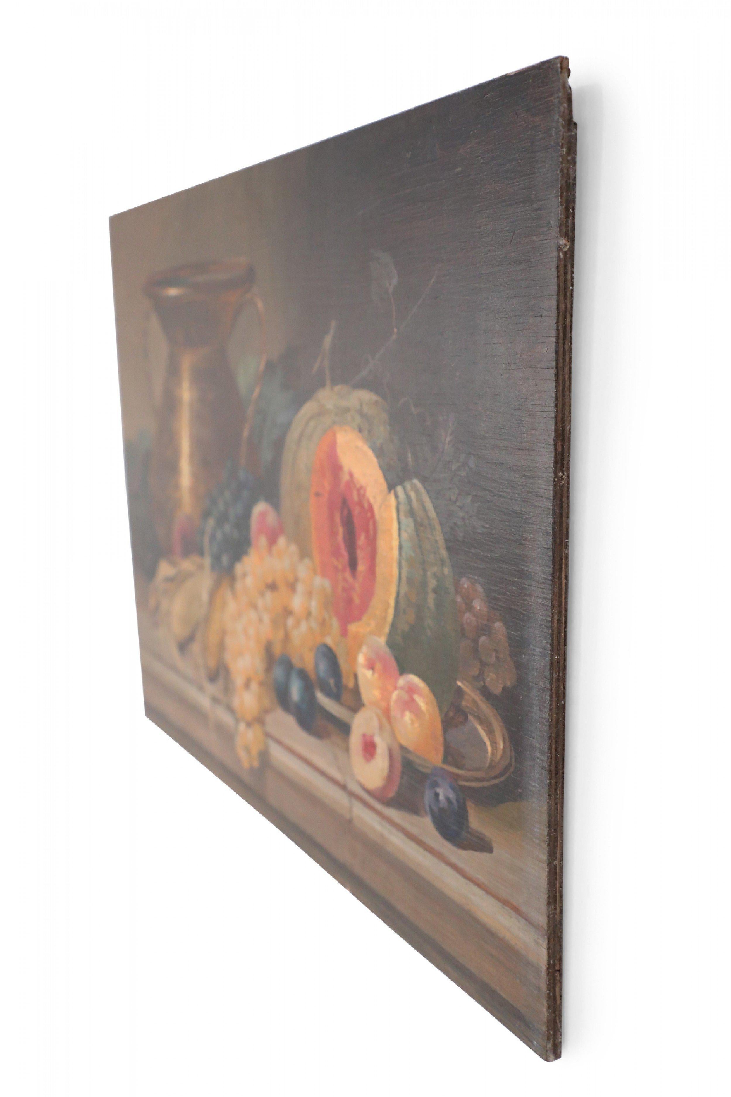 Vintage (20th century) acrylic still life painting capturing an array of fruits and vegetables in warm tones, positioned alongside and in front of a large golden urn, painted on rectangular plywood.
     
