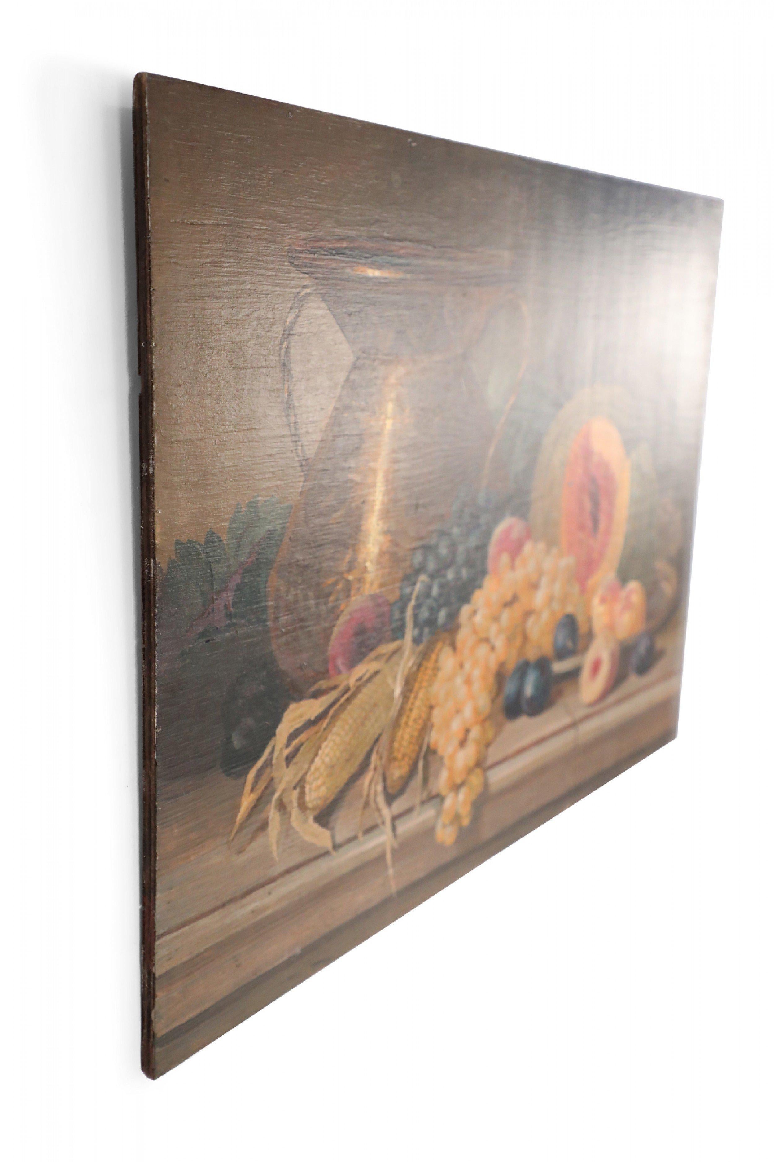 Mid-Century Modern Fruits, Vegetables, and Gold Urn Still Life Painting on Wood For Sale