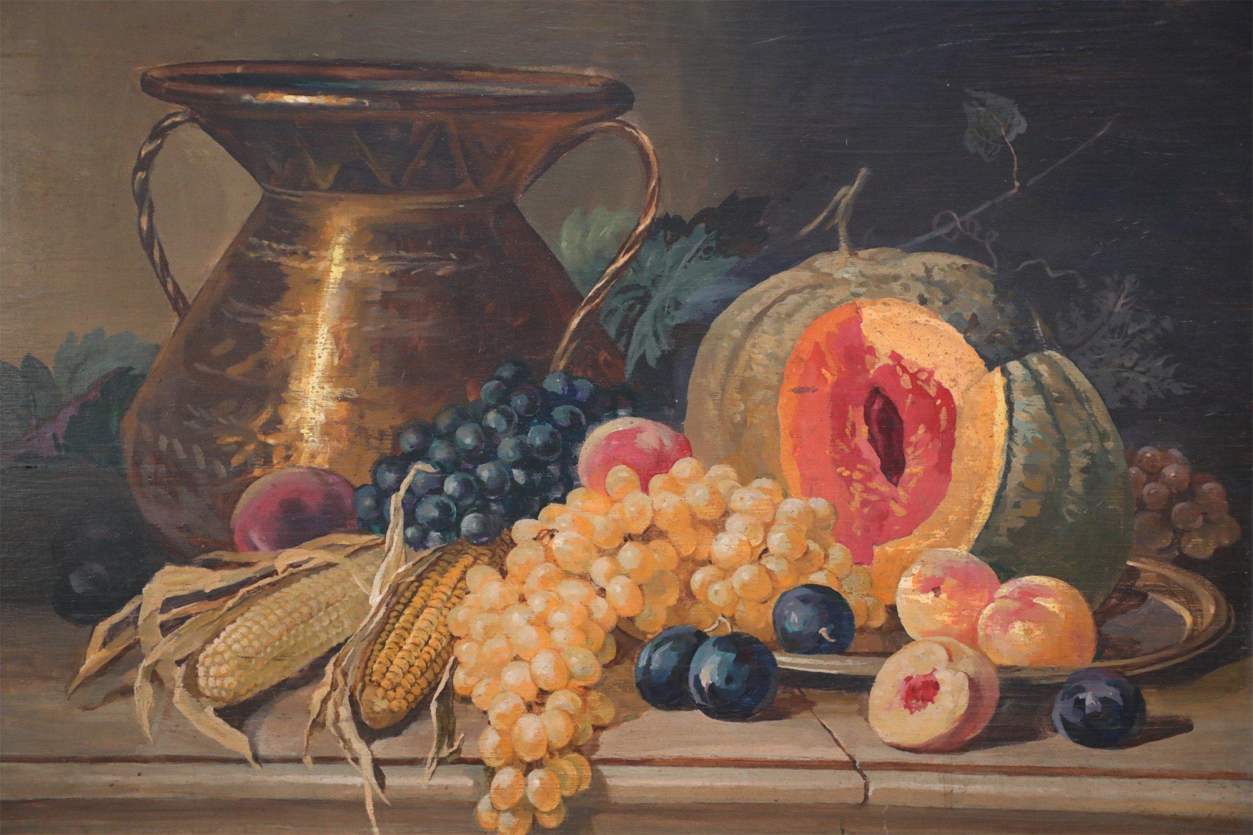 American Fruits, Vegetables, and Gold Urn Still Life Painting on Wood For Sale