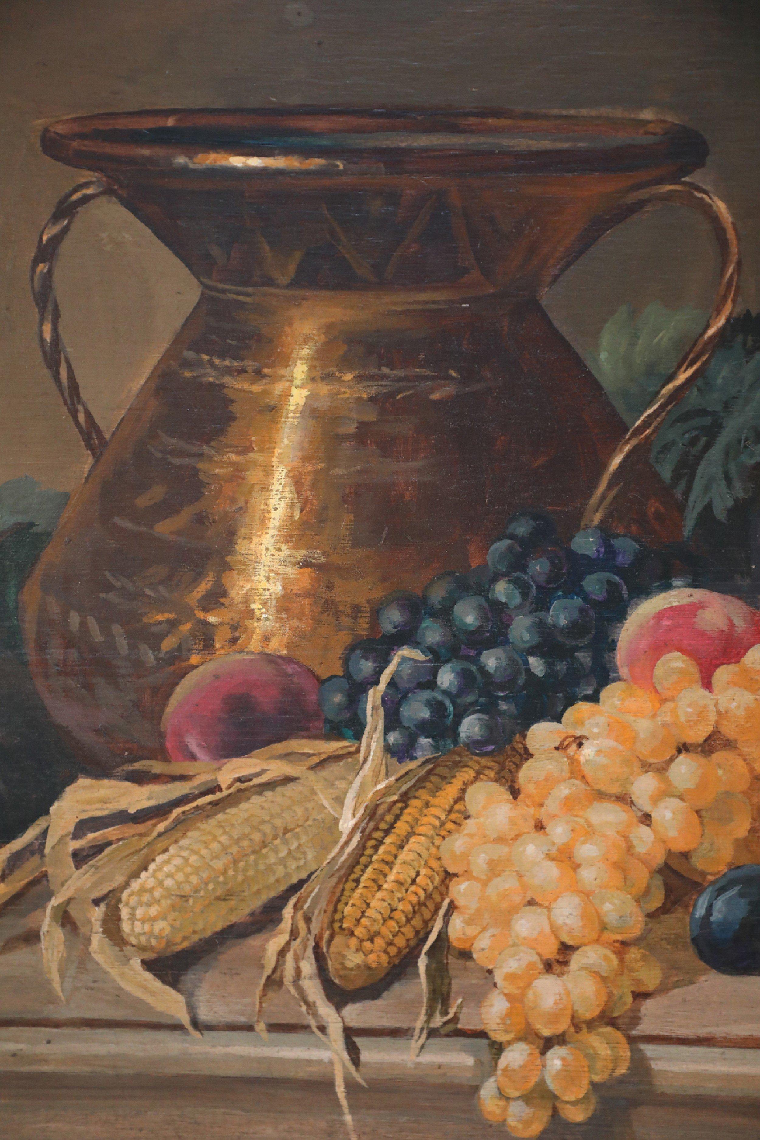 Fruits, Vegetables, and Gold Urn Still Life Painting on Wood In Good Condition For Sale In New York, NY