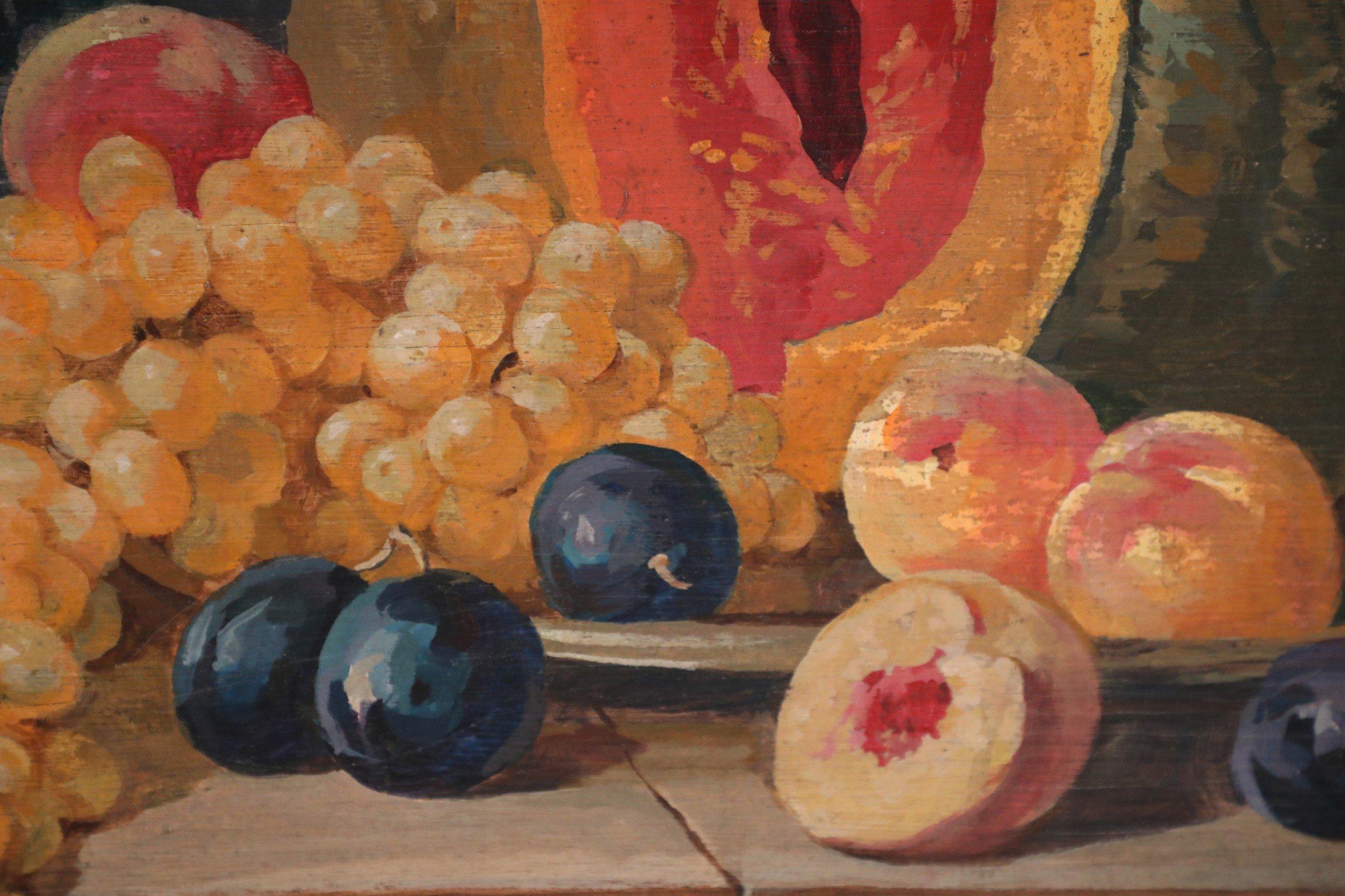 Mid-Century Modern Fruits, Vegetables, and Gold Urn Still Life Painting on Wood For Sale