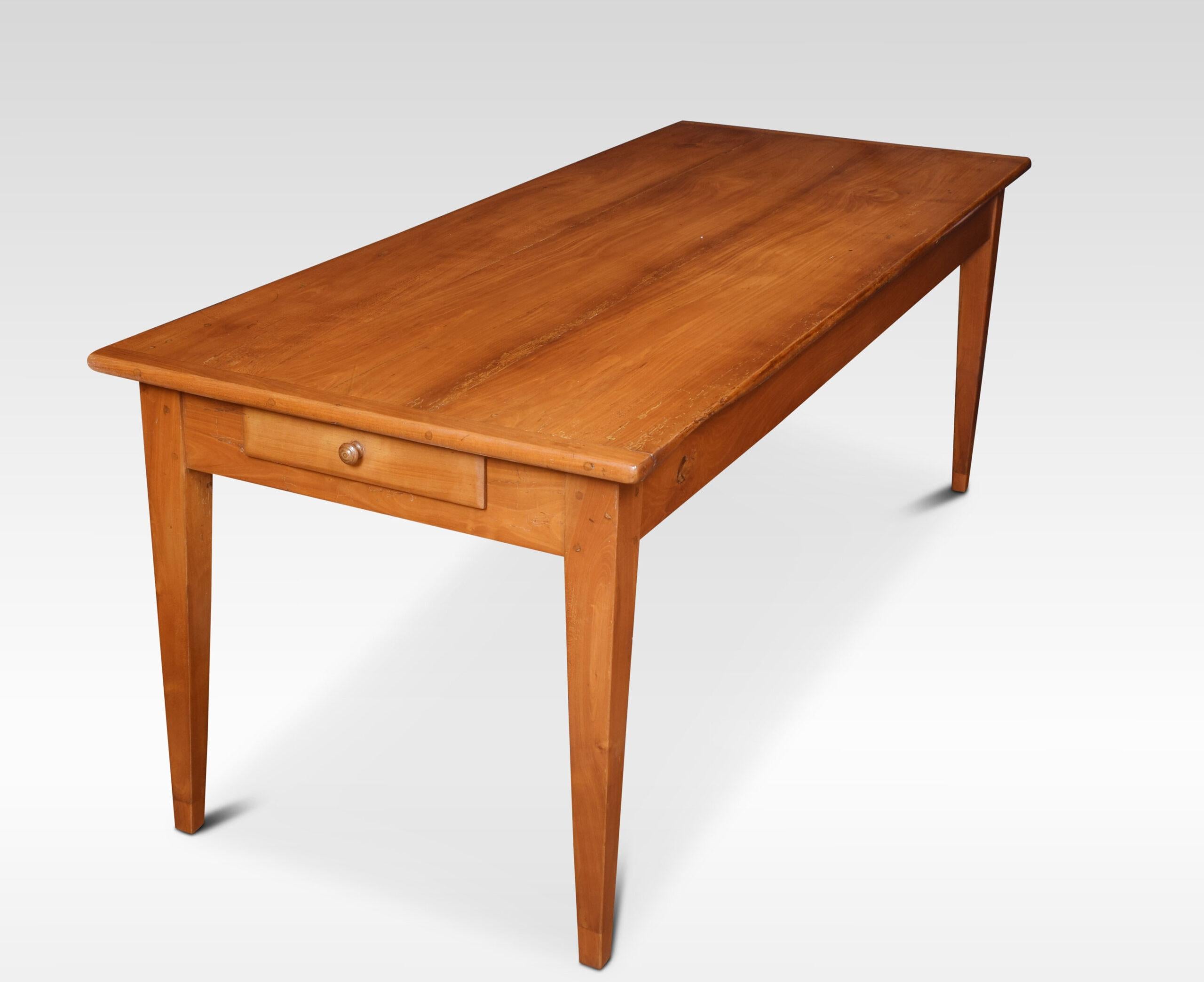 A fruitwood farmhouse table, the rectangular top with pull out end, to the block freeze fitted with end drawer. All raised up on tapering legs.
Dimensions:
Height 29.5 inches
Width 77 inches when open 105 inches
Depth 32 inches.