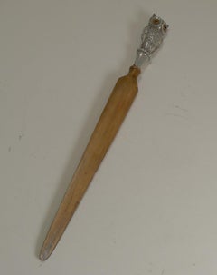 Fruitwood Letter Opener, English Sterling Silver Owl, 1907