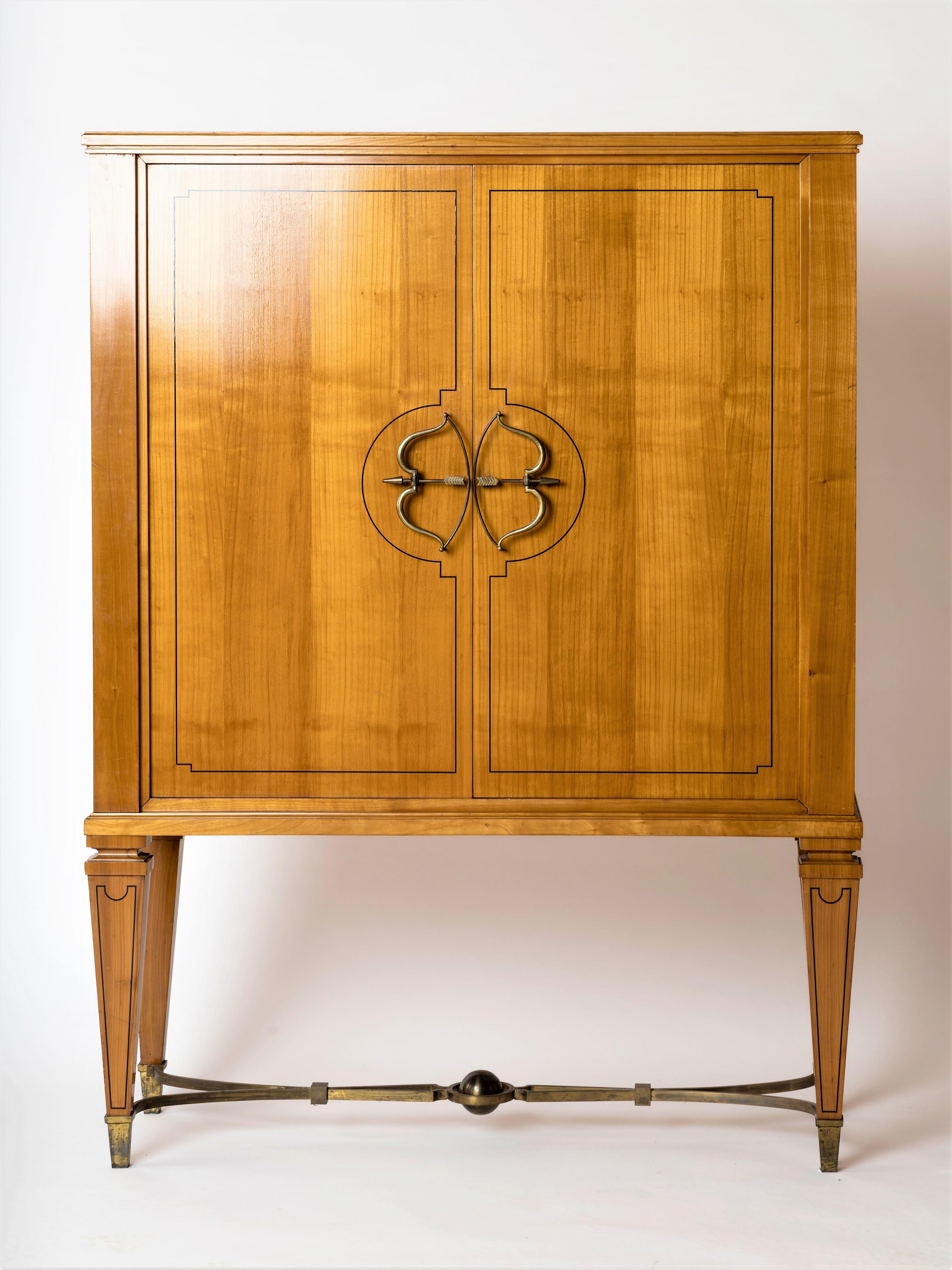 Neoclassical Revival Fruitwood & Marqueterie High Cabinet W. Bronze Ferronerie by Jansen, France  For Sale