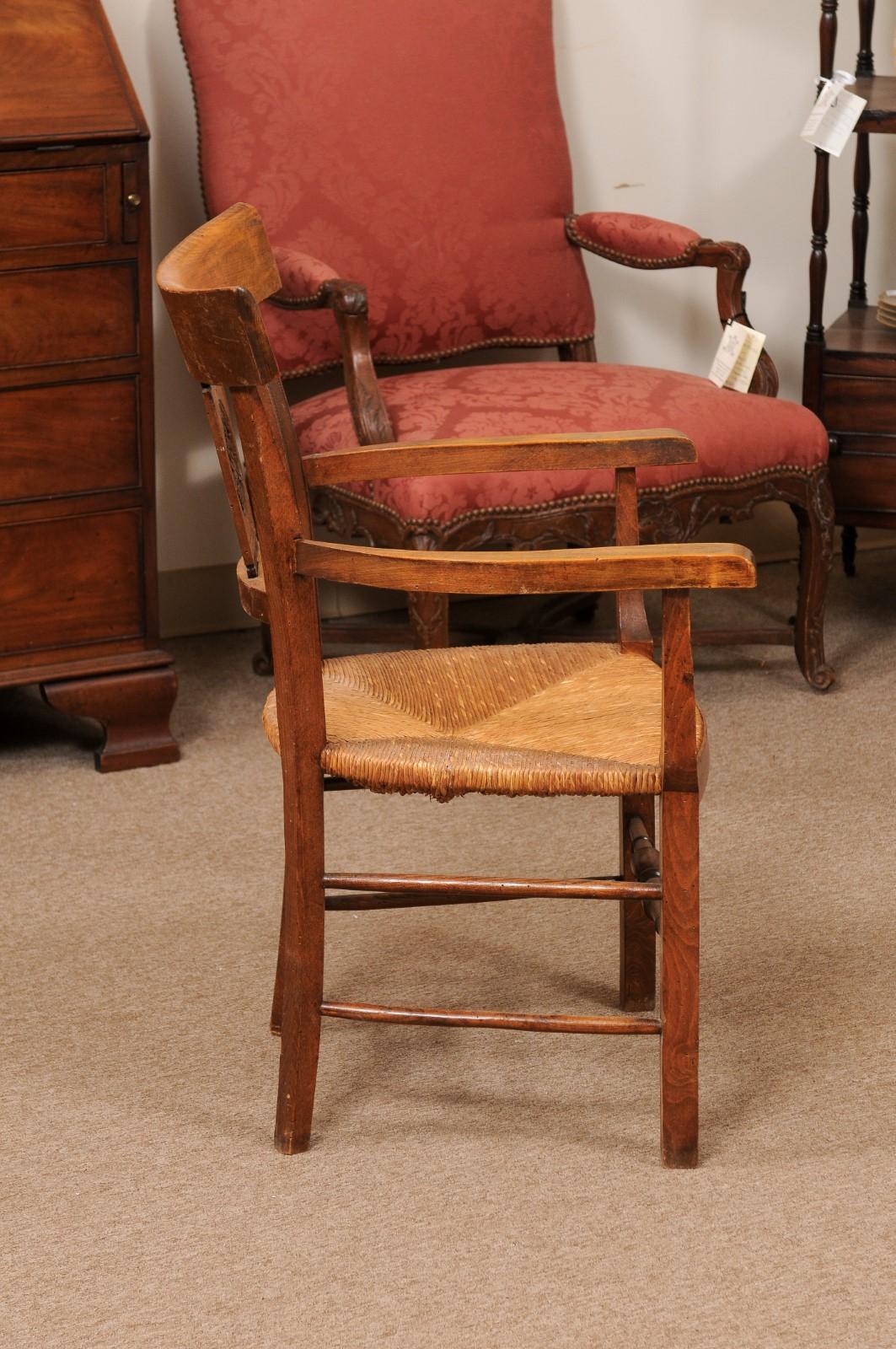 Fruitwood Rush Seat Armchair with Flower Basket Backsplat, Italy ca. 1850 For Sale 7