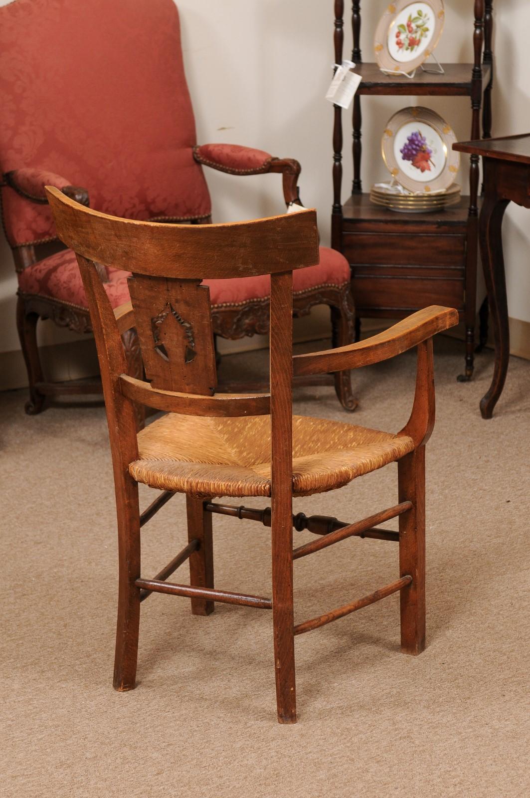 Fruitwood Rush Seat Armchair with Flower Basket Backsplat, Italy ca. 1850 For Sale 8