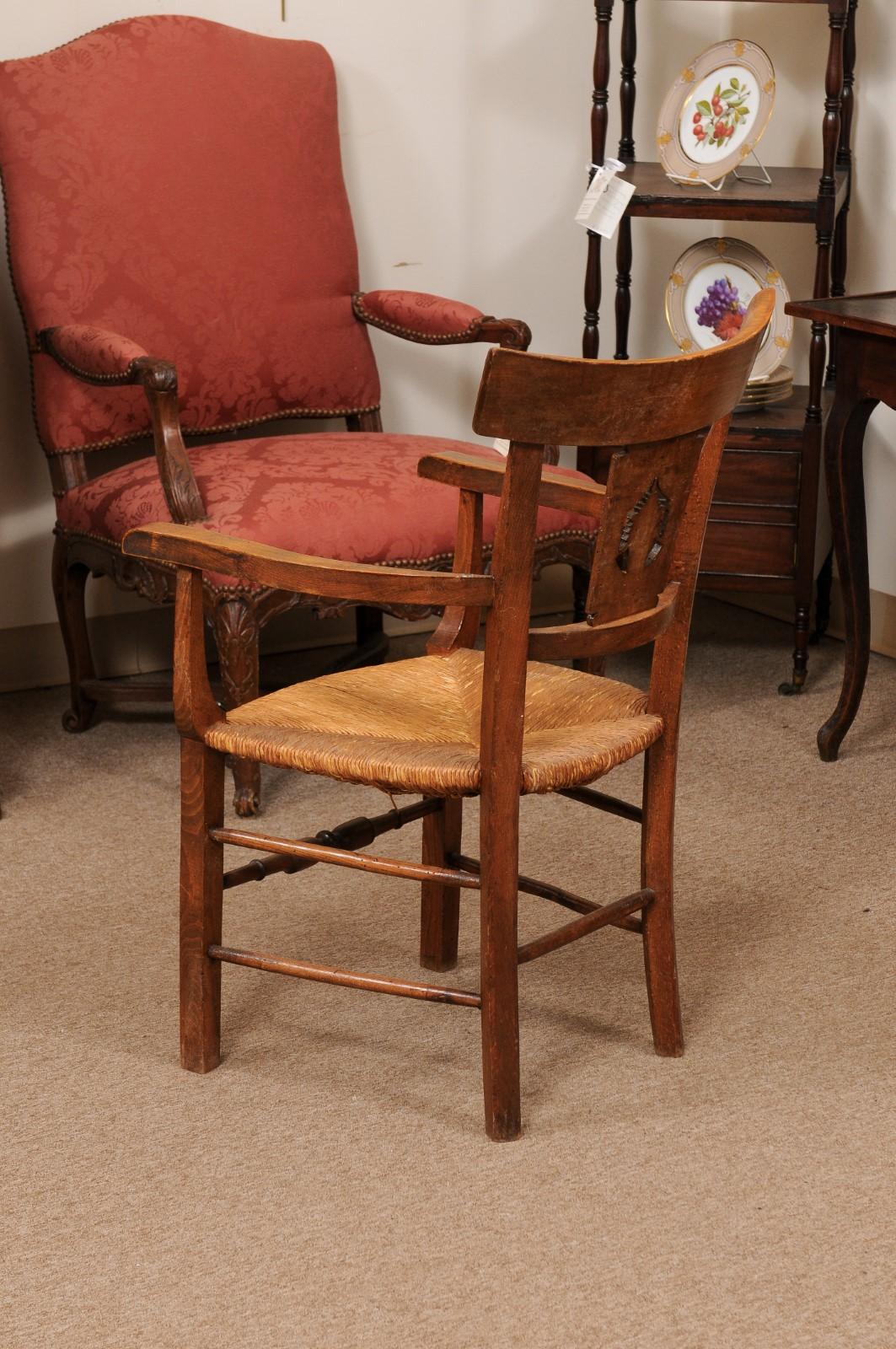 Fruitwood Rush Seat Armchair with Flower Basket Backsplat, Italy ca. 1850 In Good Condition For Sale In Atlanta, GA