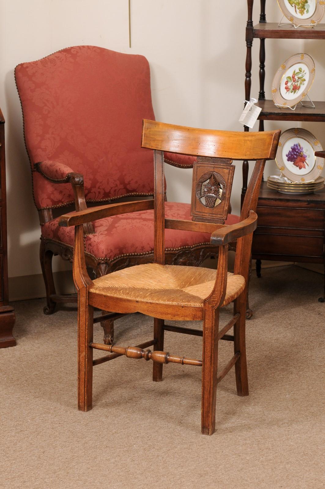 Fruitwood Rush Seat Armchair with Flower Basket Backsplat, Italy ca. 1850 For Sale 1