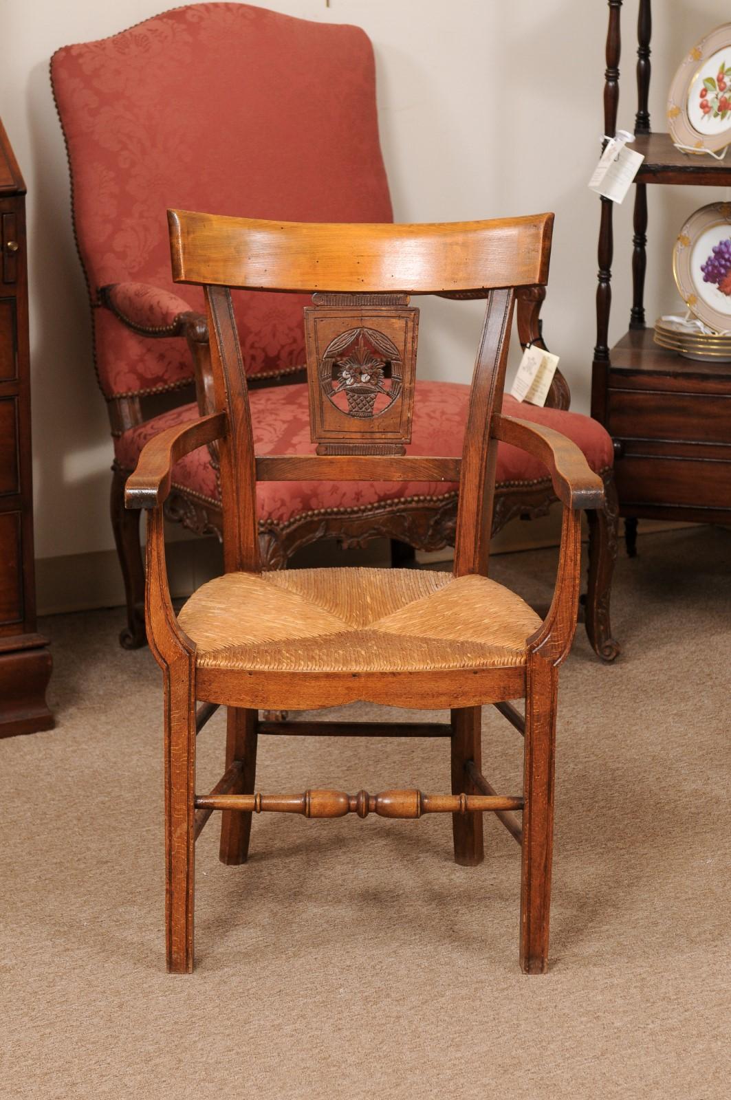 Fruitwood Rush Seat Armchair with Flower Basket Backsplat, Italy ca. 1850 For Sale 2