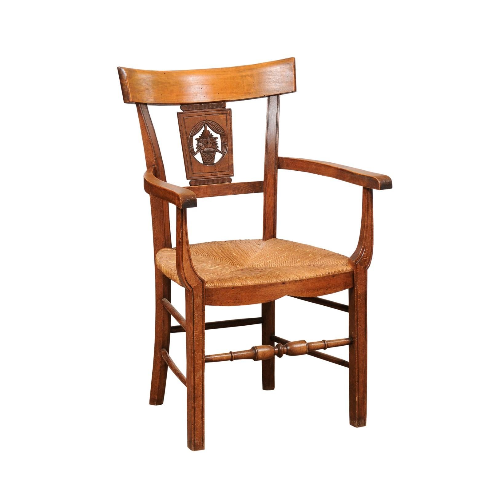 Fruitwood Rush Seat Armchair with Flower Basket Backsplat, Italy ca. 1850 For Sale 3