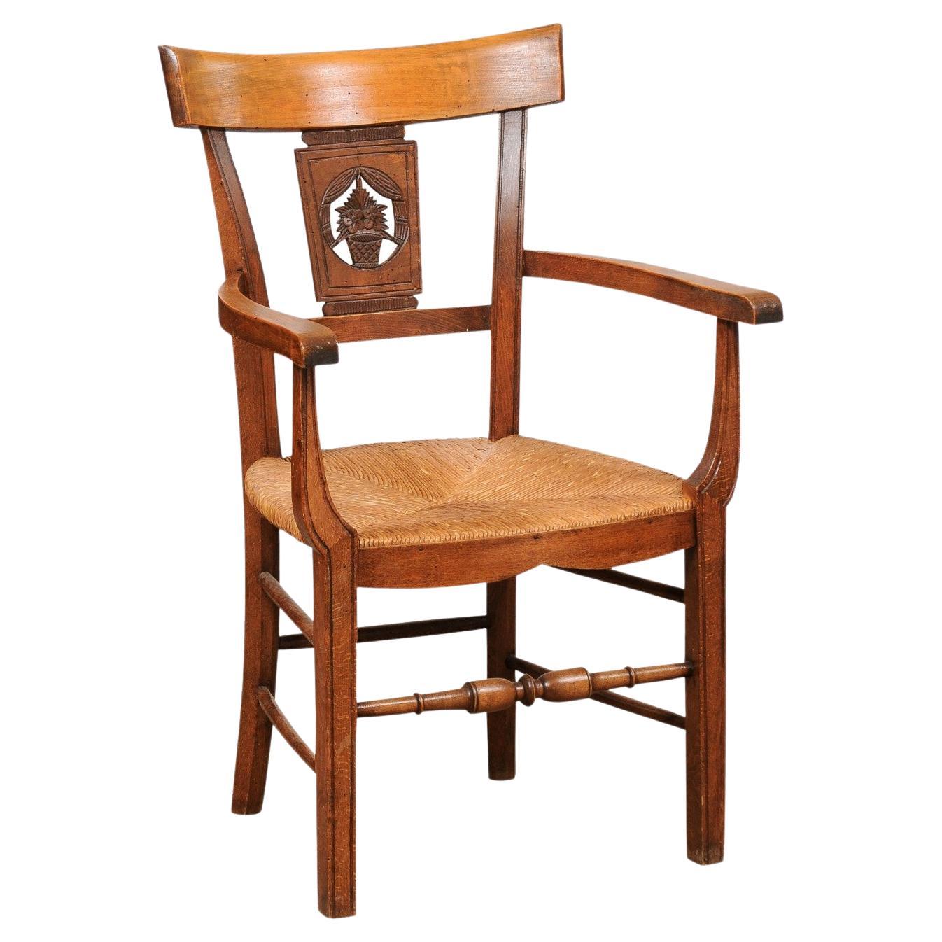 Fruitwood Rush Seat Armchair with Flower Basket Backsplat, Italy ca. 1850 For Sale
