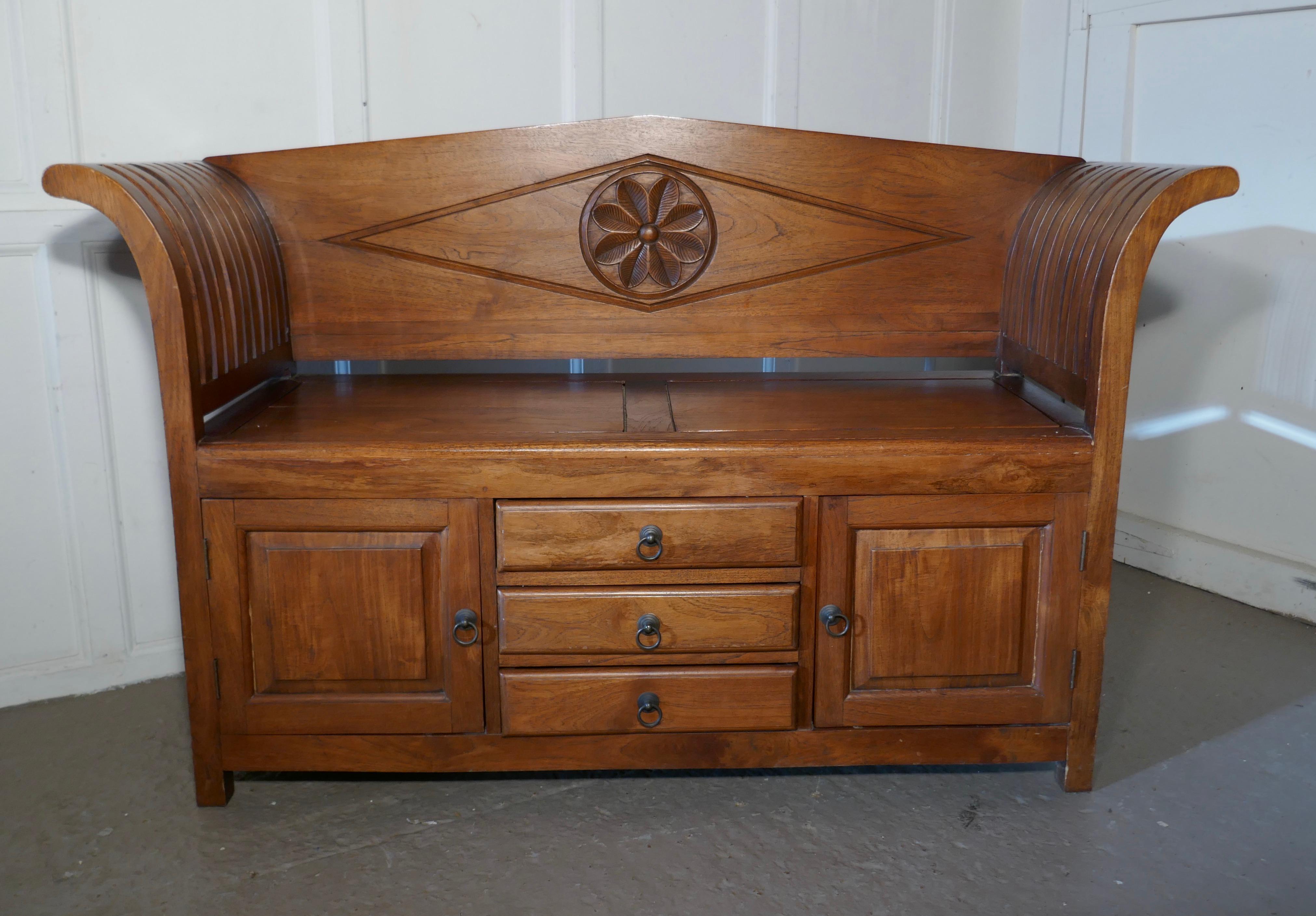 Fruitwood settle, bench, hall seat with shoe cupboard


This is a great piece for a hall way where storage space may be difficult, the bench is made with outward sweeping armrests and a carved lozenge in the back in very attractive fruitwood
