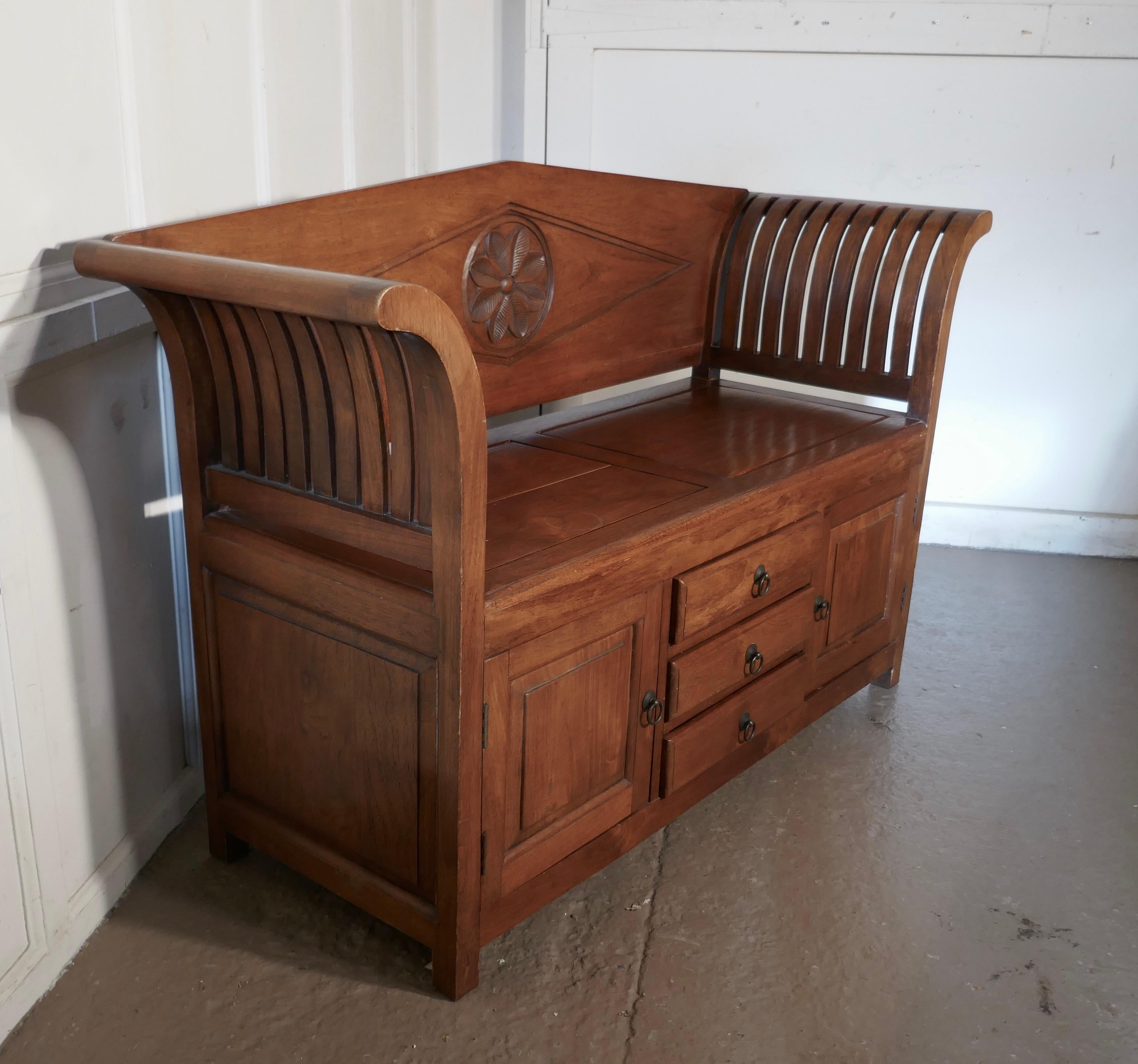 Fruitwood Settle, Bench, Hall Seat with Shoe Cupboard In Excellent Condition In Godshill, Isle of Wight