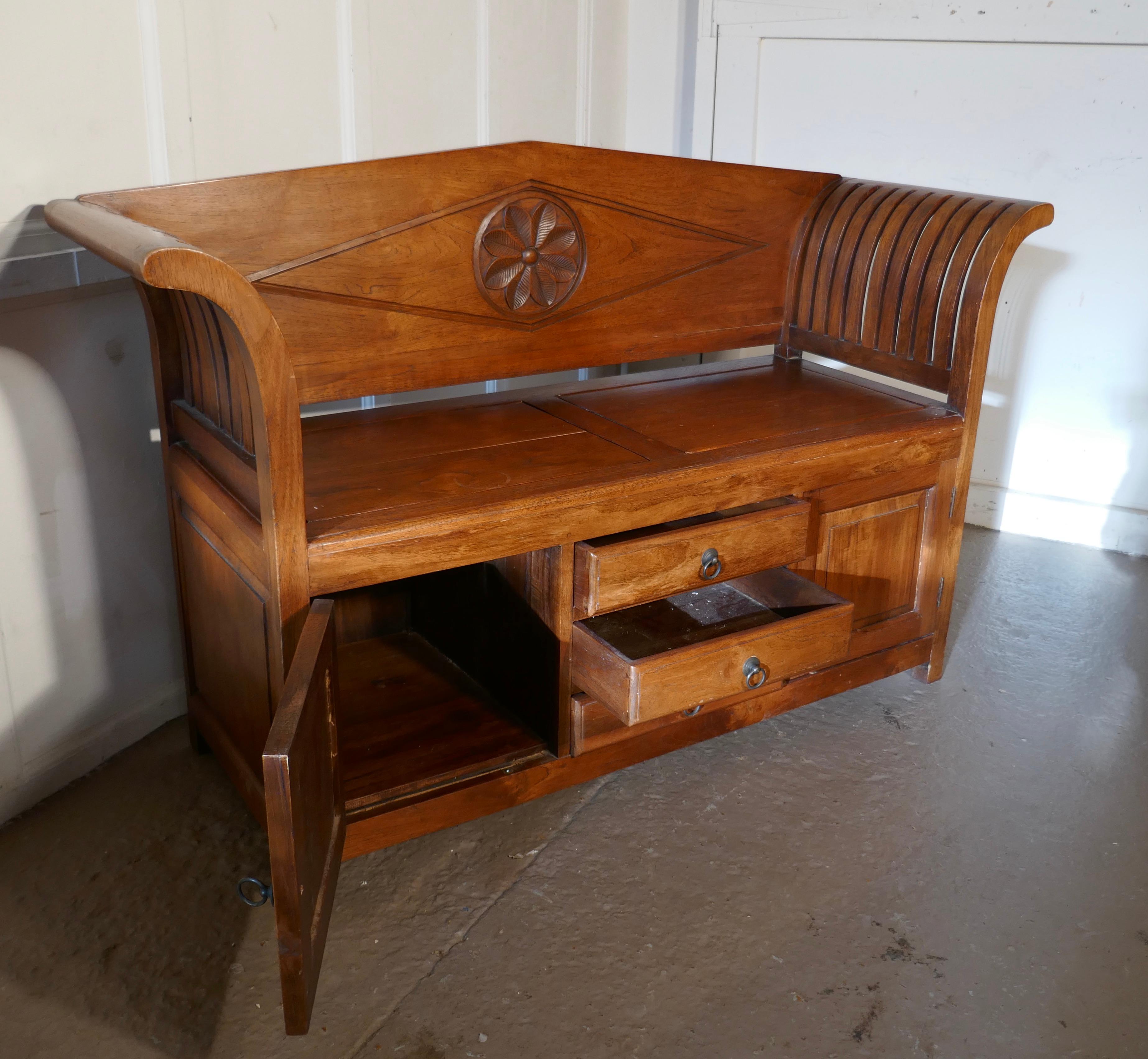 Mid-20th Century Fruitwood Settle, Bench, Hall Seat with Shoe Cupboard