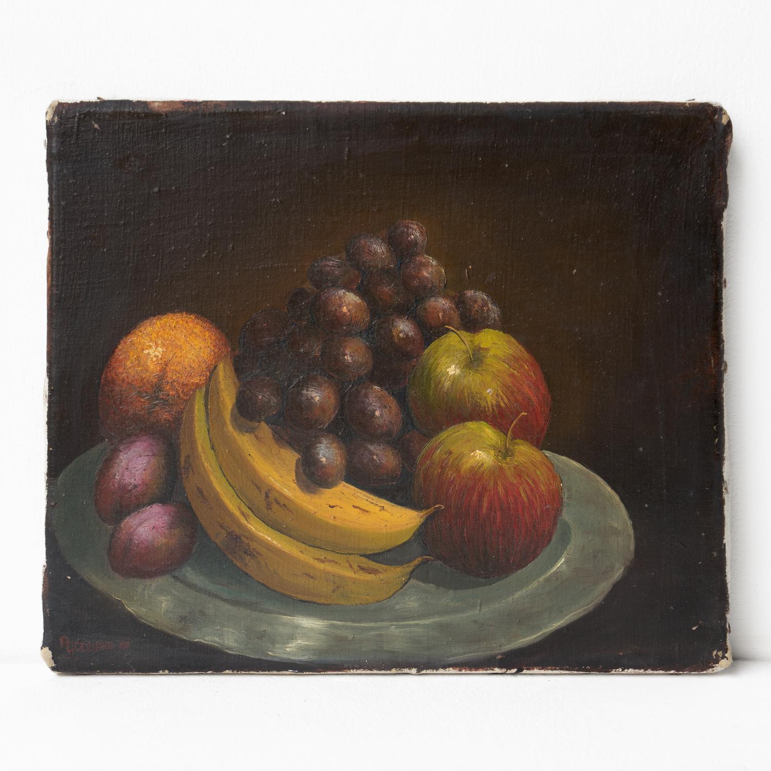Antique Original Oil on Canvas Painting Depicting Fruit

A charming depiction of a menagerie of fruit on a pewter plate including bananas, apples, grapes, plums and an orange.

Painted in a folky somewhat skew-whiff naive style. The artist has