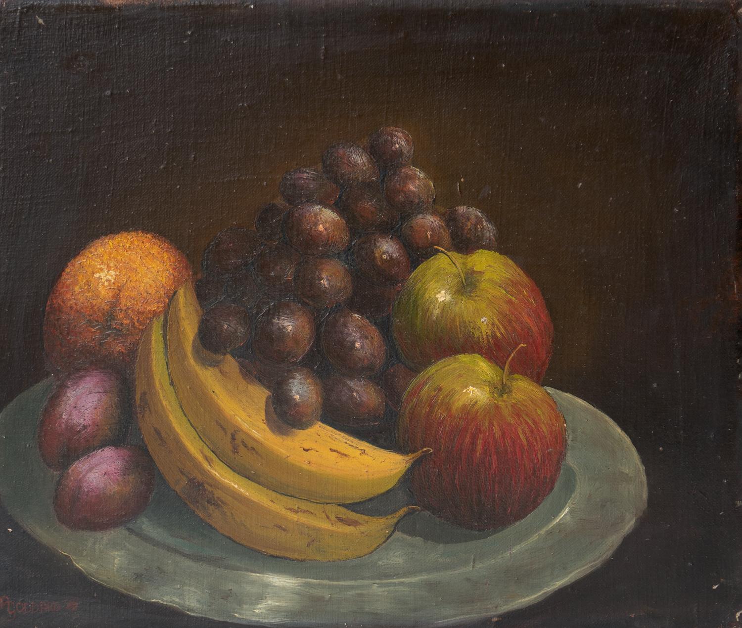 Folk Art Antique Original Naive Still Life Oil Painting Depicting Fruit, Early 20th C. For Sale