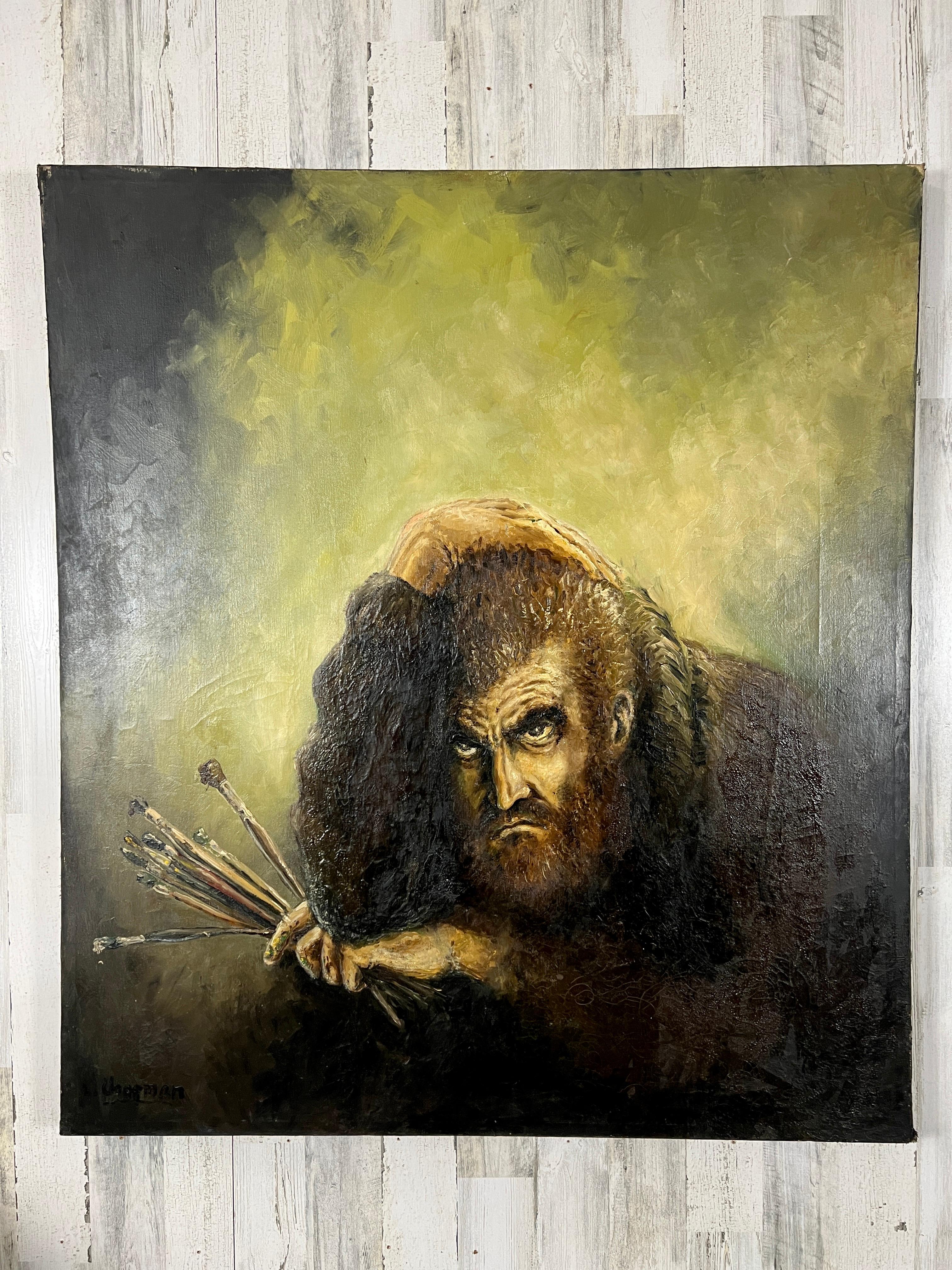 Very rustic canvas on a wood frame painting of a man seemingly frustrated with his own work, signed l. Chapman.