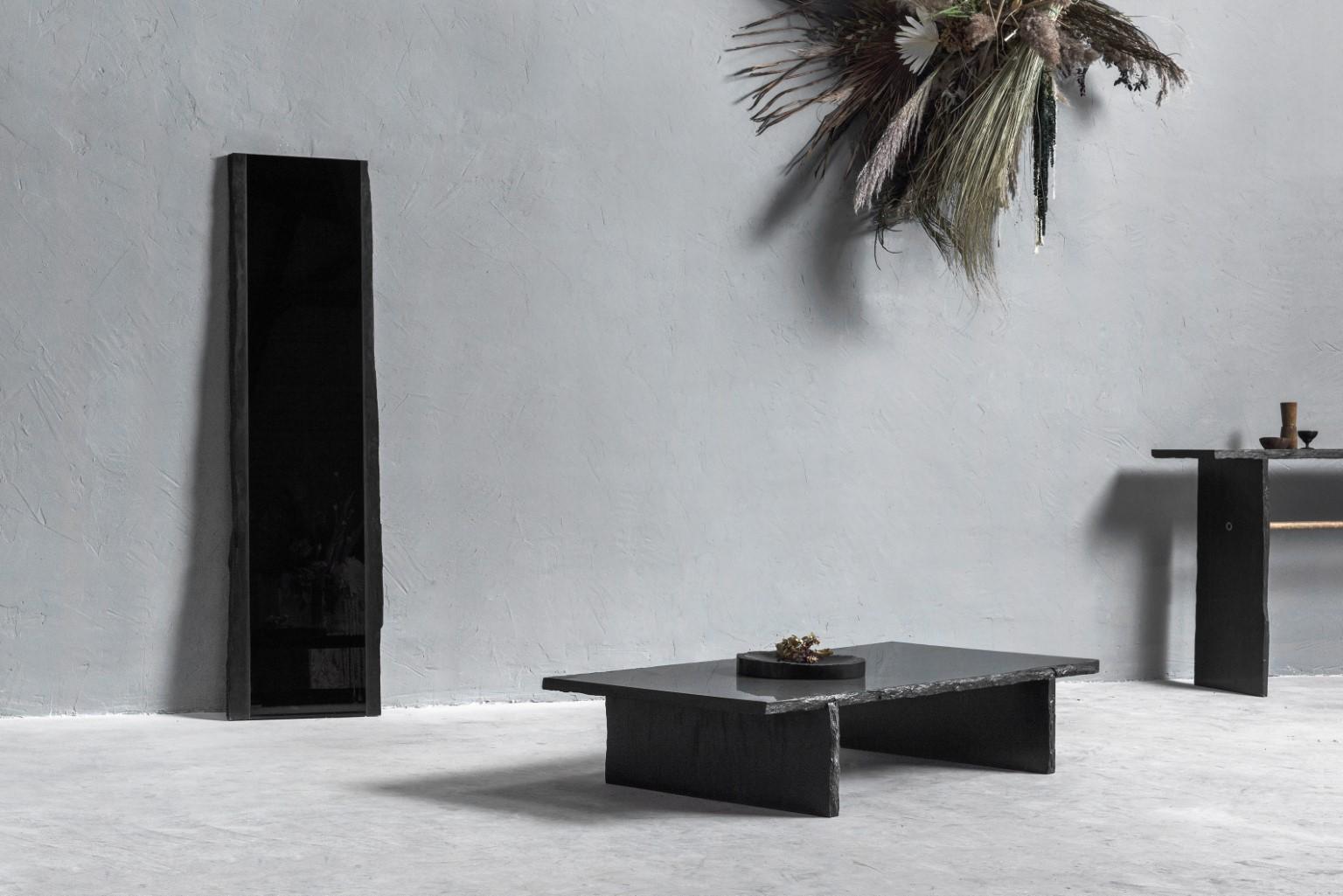 Black slate sculpted low table by Frederic Saulou
Frustre II
Black slate 
Measures: L 160 x W 70 x H 30 cm, approximately 150 kg
Limited edition of 12
Signed and numbered.

