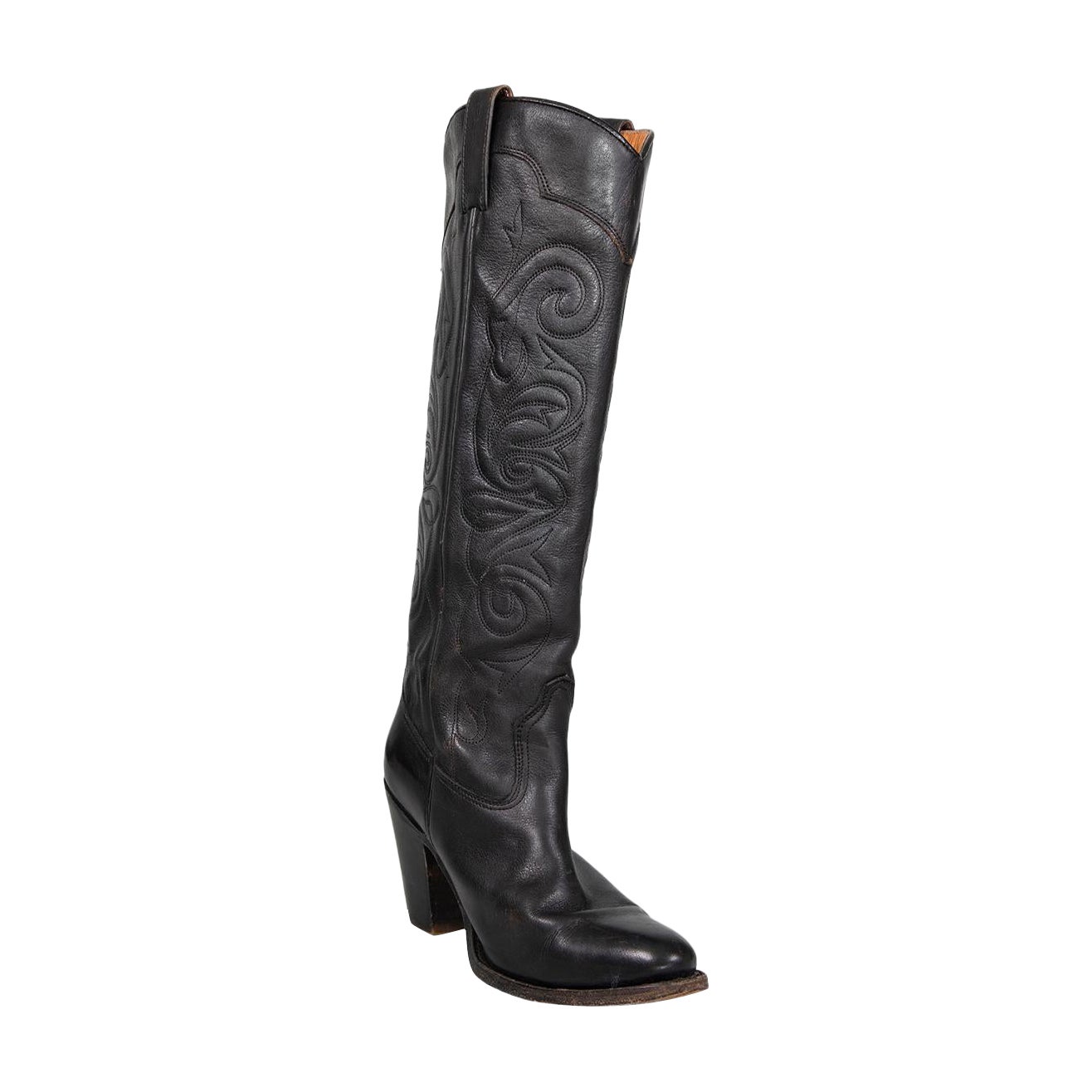 Frye Black Leather Cowboy Knee High Boots Size US 8 For Sale