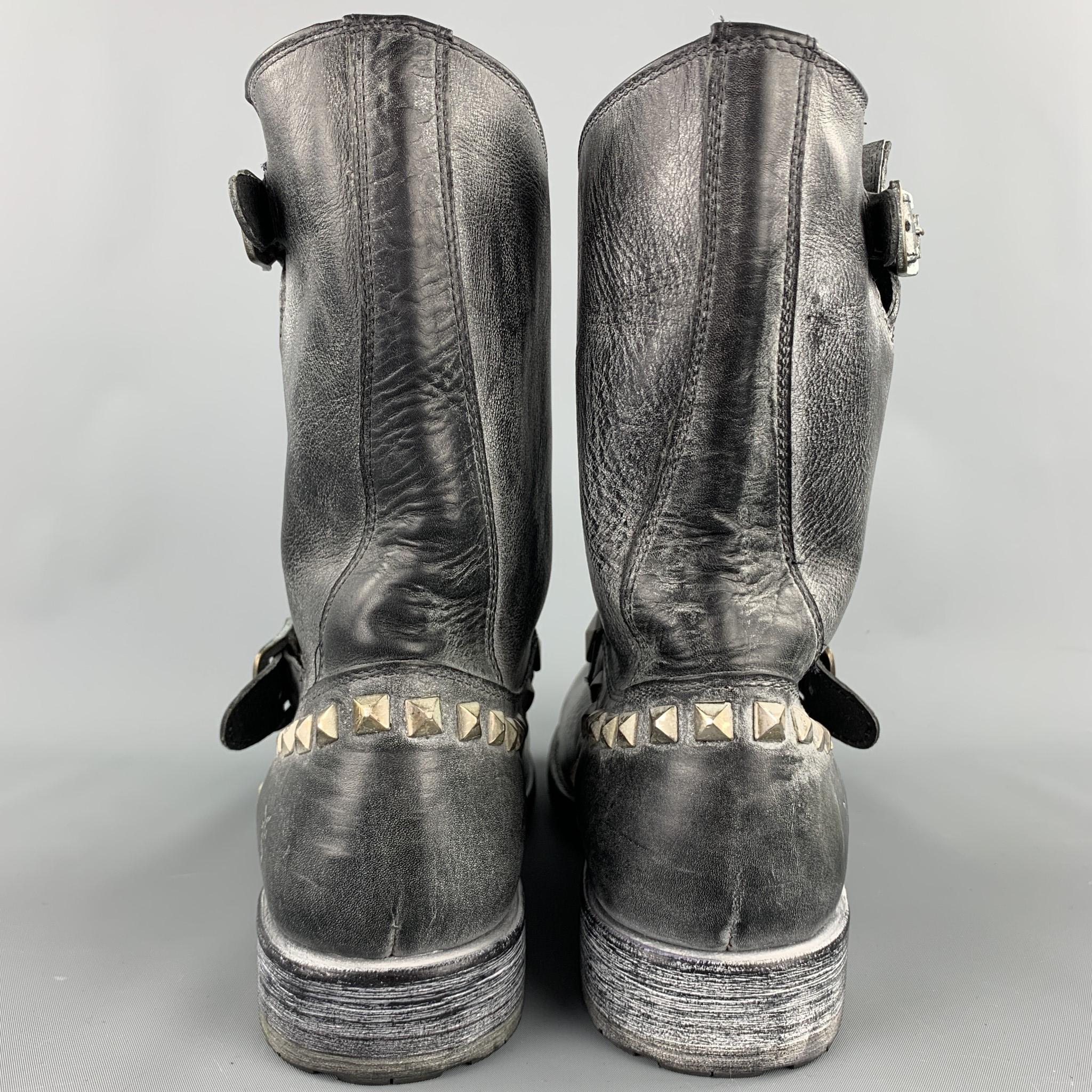 FRYE Size 10.5 Black Distressed Studded Leather Biker Boots In Good Condition In San Francisco, CA