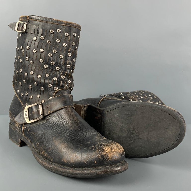FRYE Size 11 Black Leather Distressed Studded Ankle Boots at